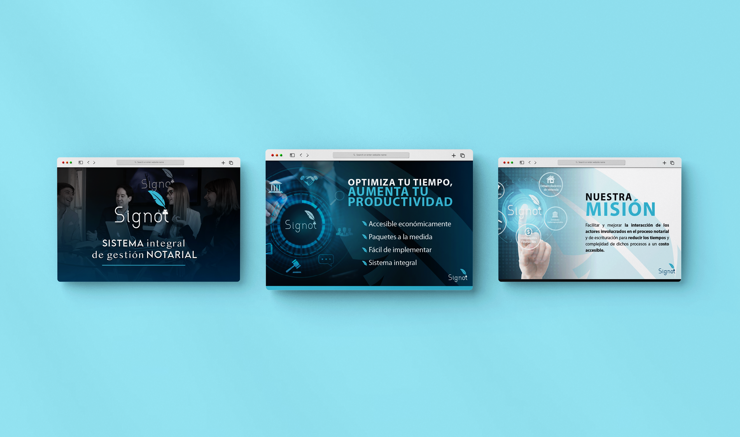 Three computer screens displaying promotional content for a notarization management system called Signot, featuring images of professionals, digital graphics, and text about productivity, mission, and system benefits.