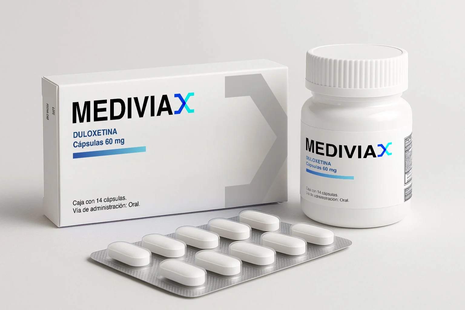 Box and bottle of MEDIVIA X duloxetine capsules, 60 mg, with a blister pack of white capsules in front.