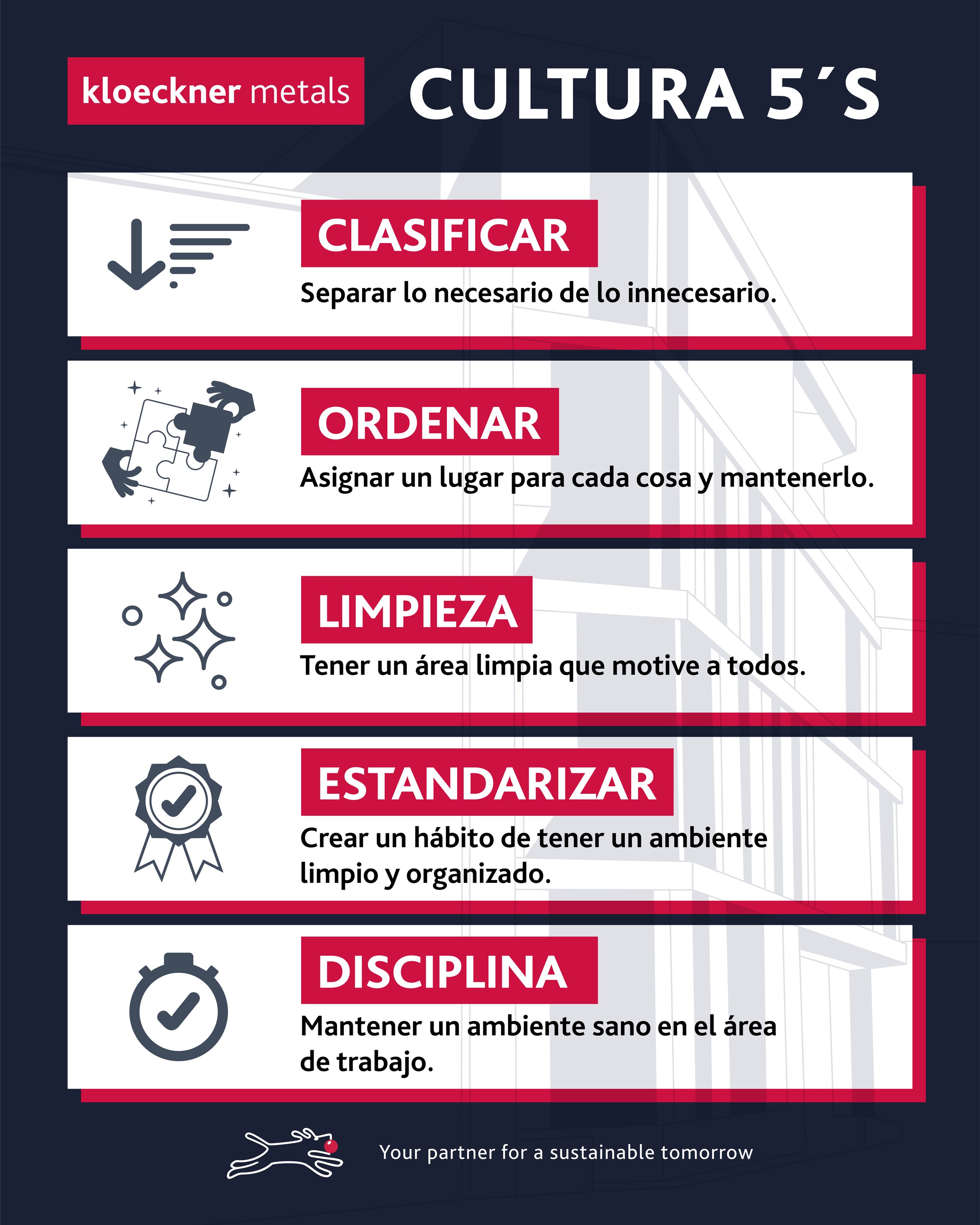 Infographic with guidelines for workplace organization: Classify, Organize, Clean, Standardize, Discipline, with icons representing each step.