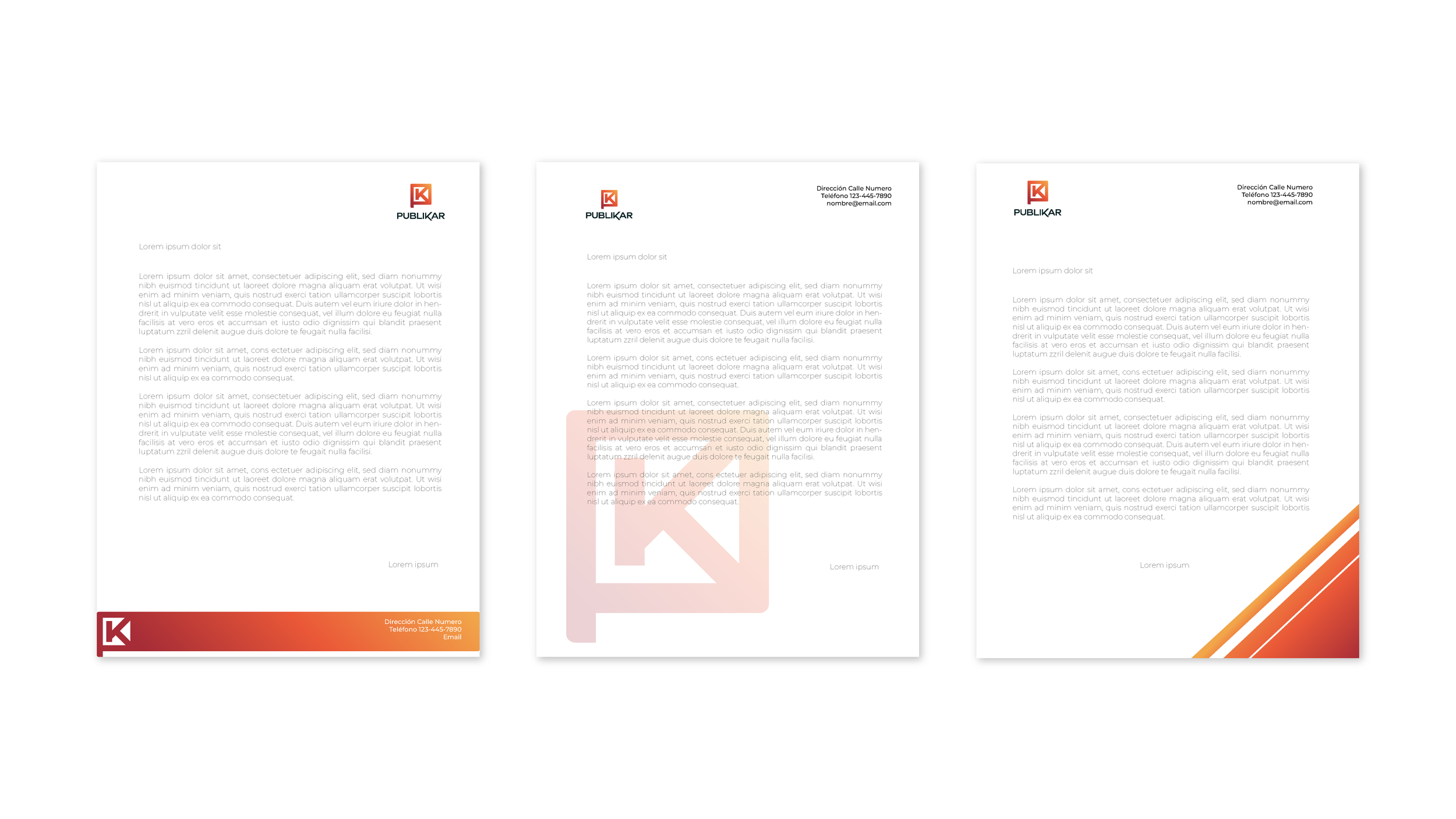 Three professional letterhead templates featuring orange and red logo and accents, with placeholder text for address and contact information, and modern geometric design elements.