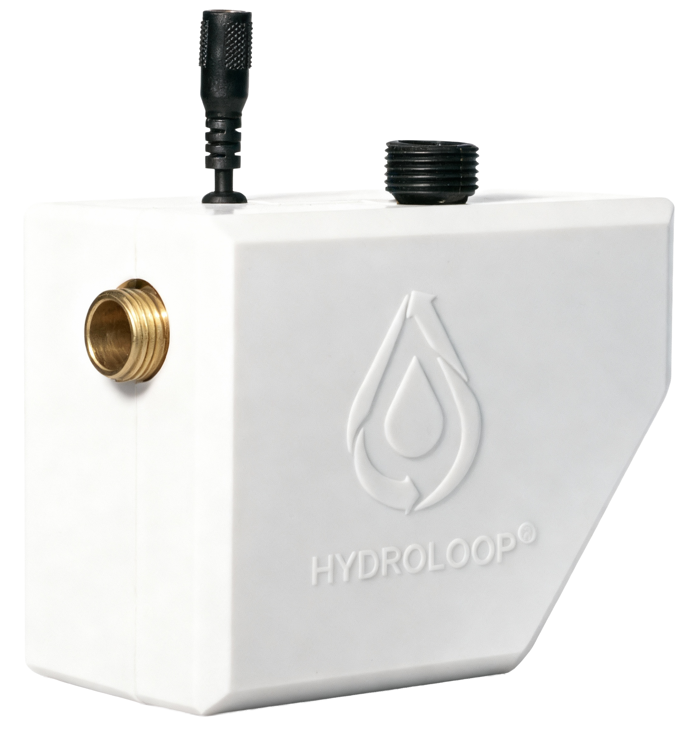 A white HydroLoop water storage device with a gold threaded fitting on the left, a black antenna on top, and embossed HydroLoop logo on the front.