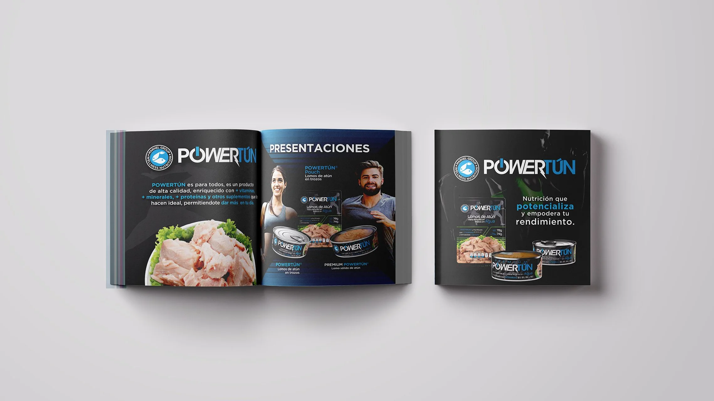 Open magazine displaying advertisements for PowerTun tuna product with images of canned tuna, a woman, and a man smiling.