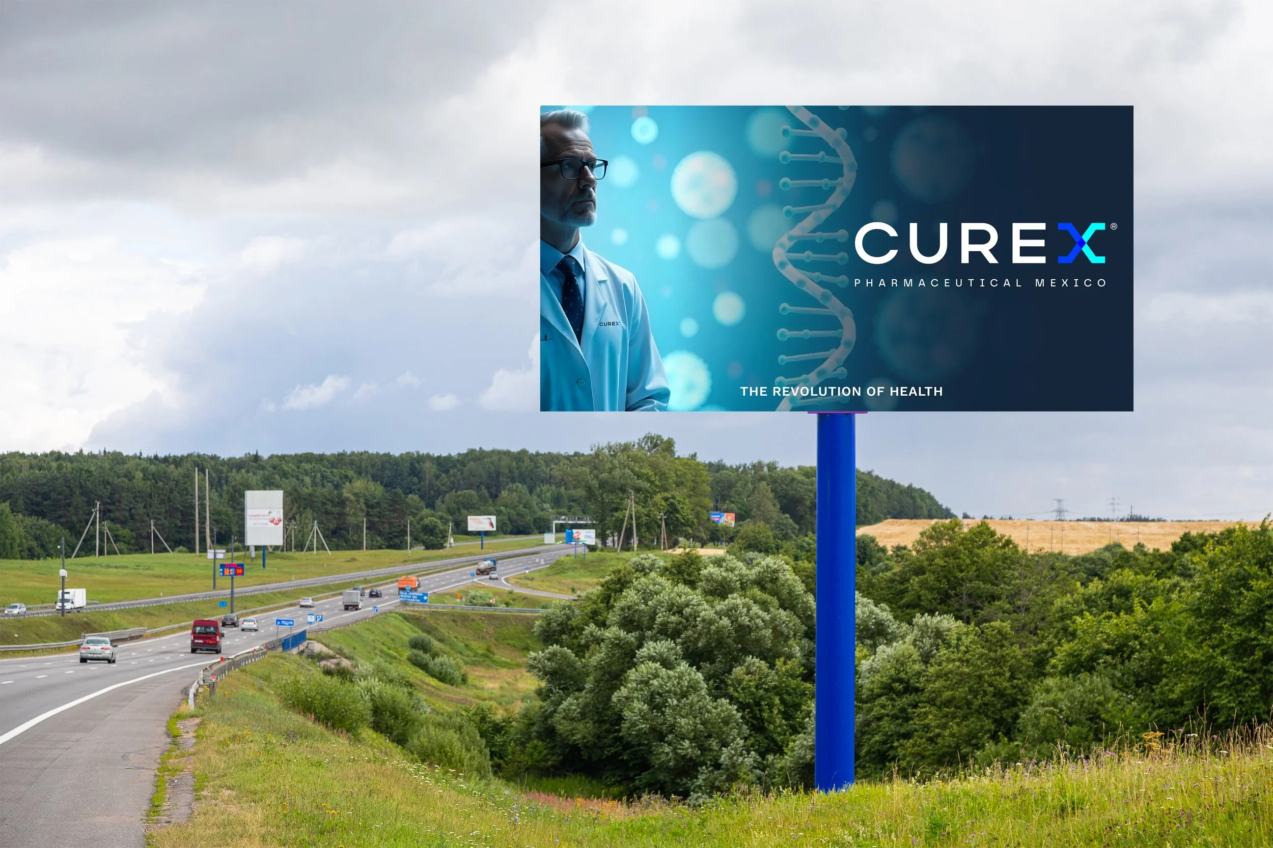 A billboard advertisement for CUREX Pharmaceutical Mexico with a scientist looking at a digital background, located beside a highway with multiple vehicles and green trees.
