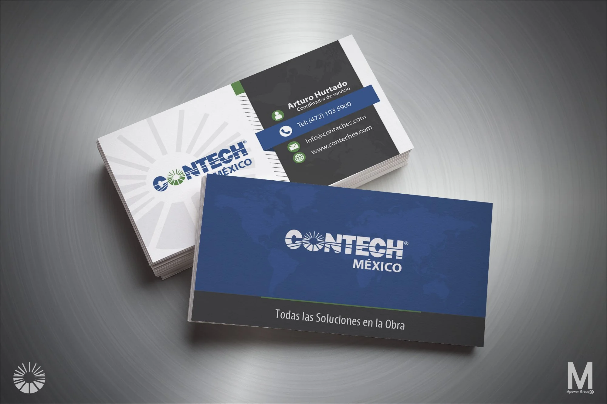 A stack of business cards for Contech Mexico, featuring the company's logo, contact information of Arturo Hurtado, including phone number, email, and website, and the slogan 'All solutions at work' in Spanish.