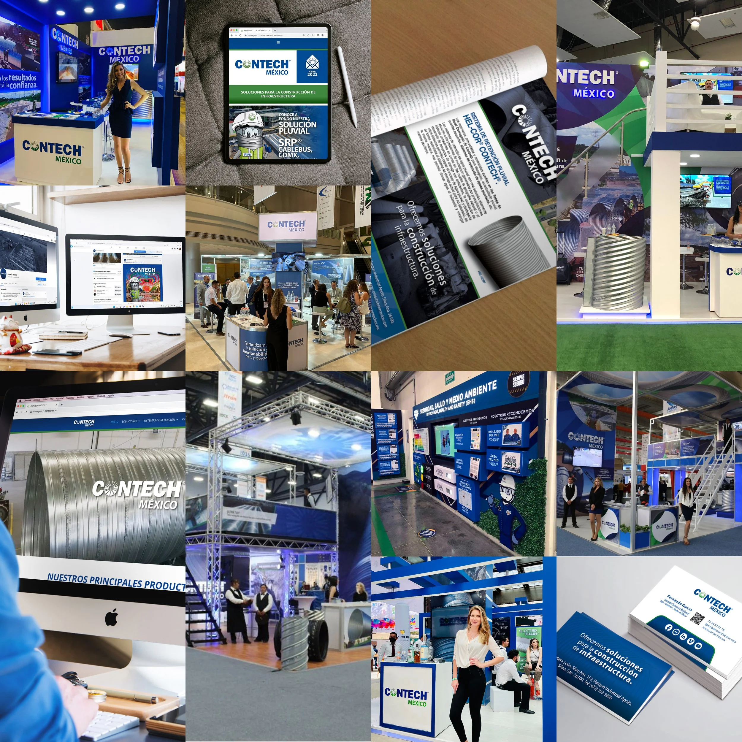 Collage of photos from a trade show or exhibition featuring the event 'CONTECH MEXICO.' Images include various booths, displays, and marketing materials showcasing construction, infrastructure, and environmental solutions. There are also people inter