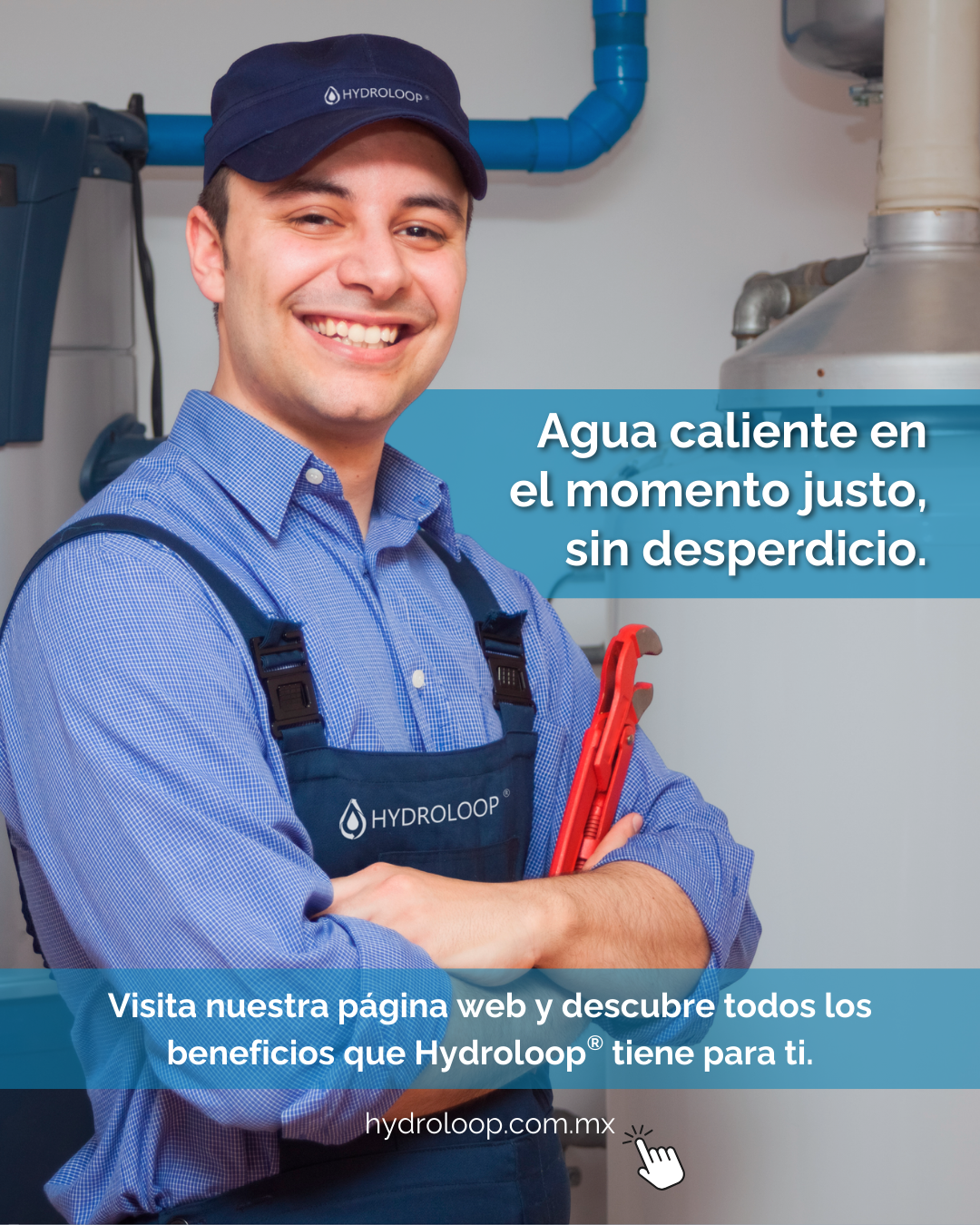 A smiling technician in a blue uniform and hat with Hydrolop branding standing in a utility room with pipes.