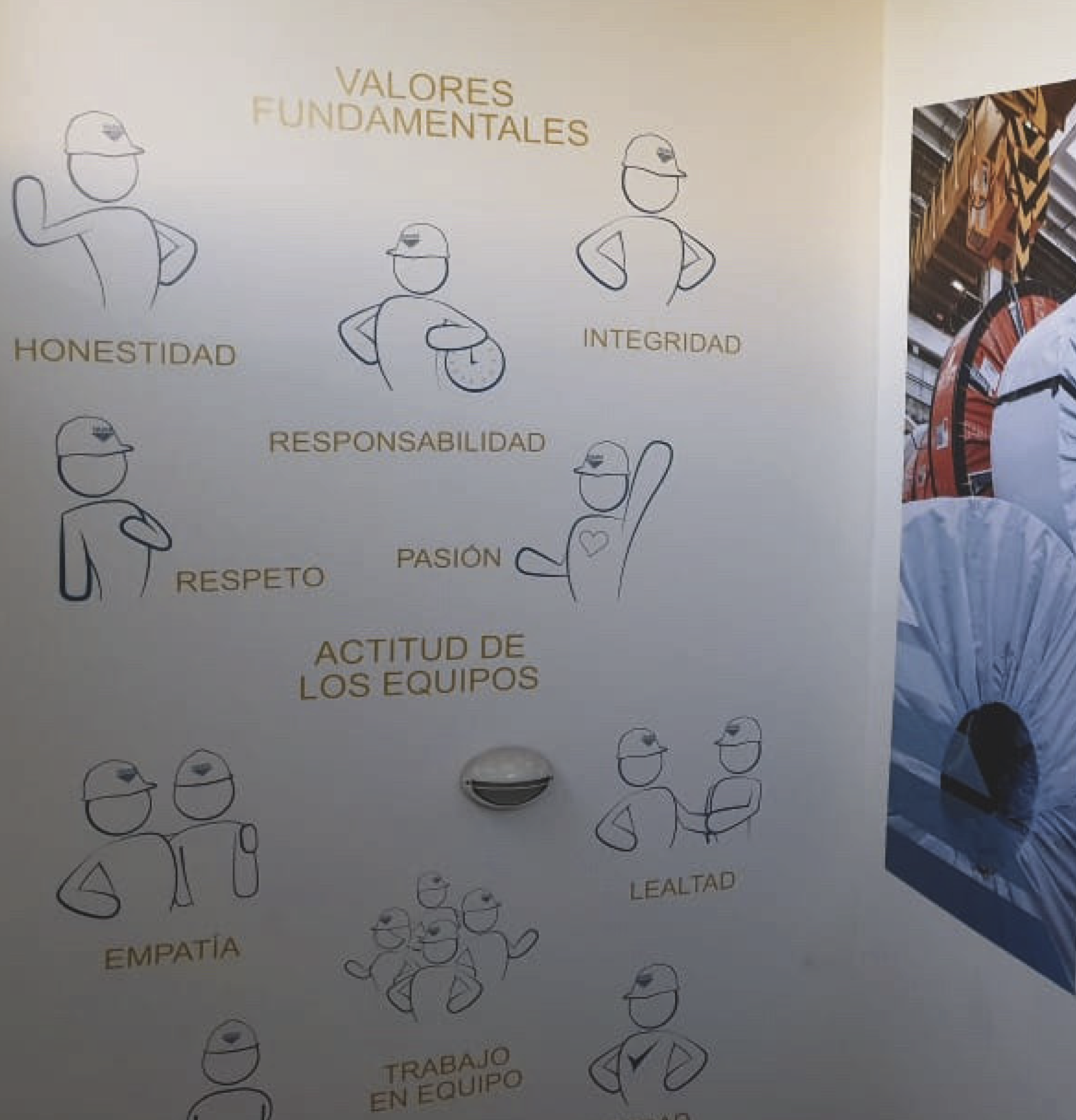 Poster titled 'Valores Fundamentales' with cartoon figures representing values: honesty, integrity, responsibility, respect, passion, empathy, loyalty, teamwork, and attitude of teams.
