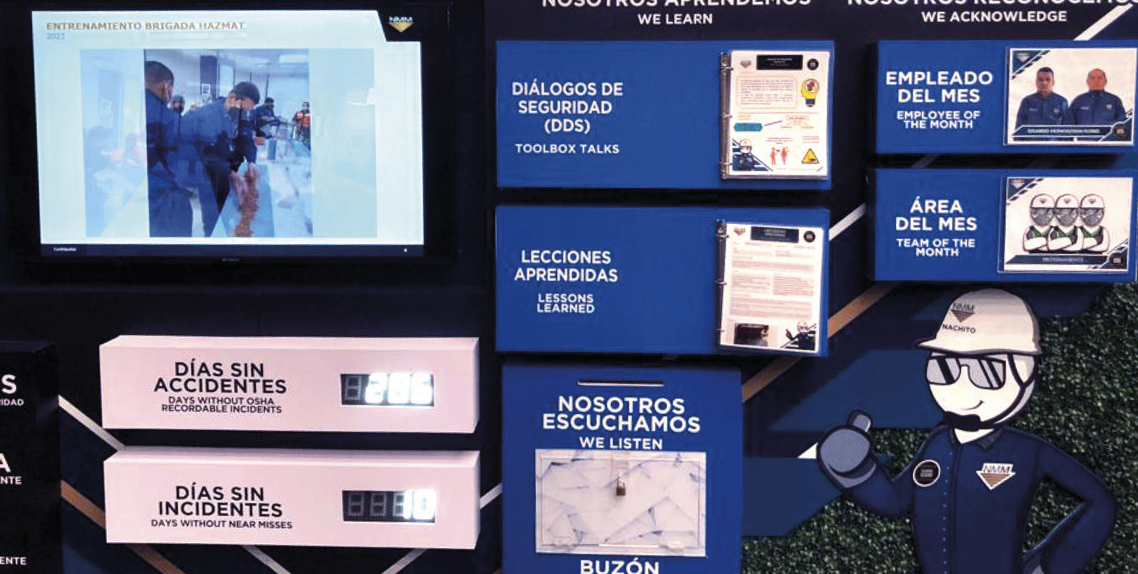 An workplace safety and employee recognition display with a large screen showing a group of workers, and various blue boxes with information about safety, lessons learned, employee of the month, team of the month, and other health and safety topics. 