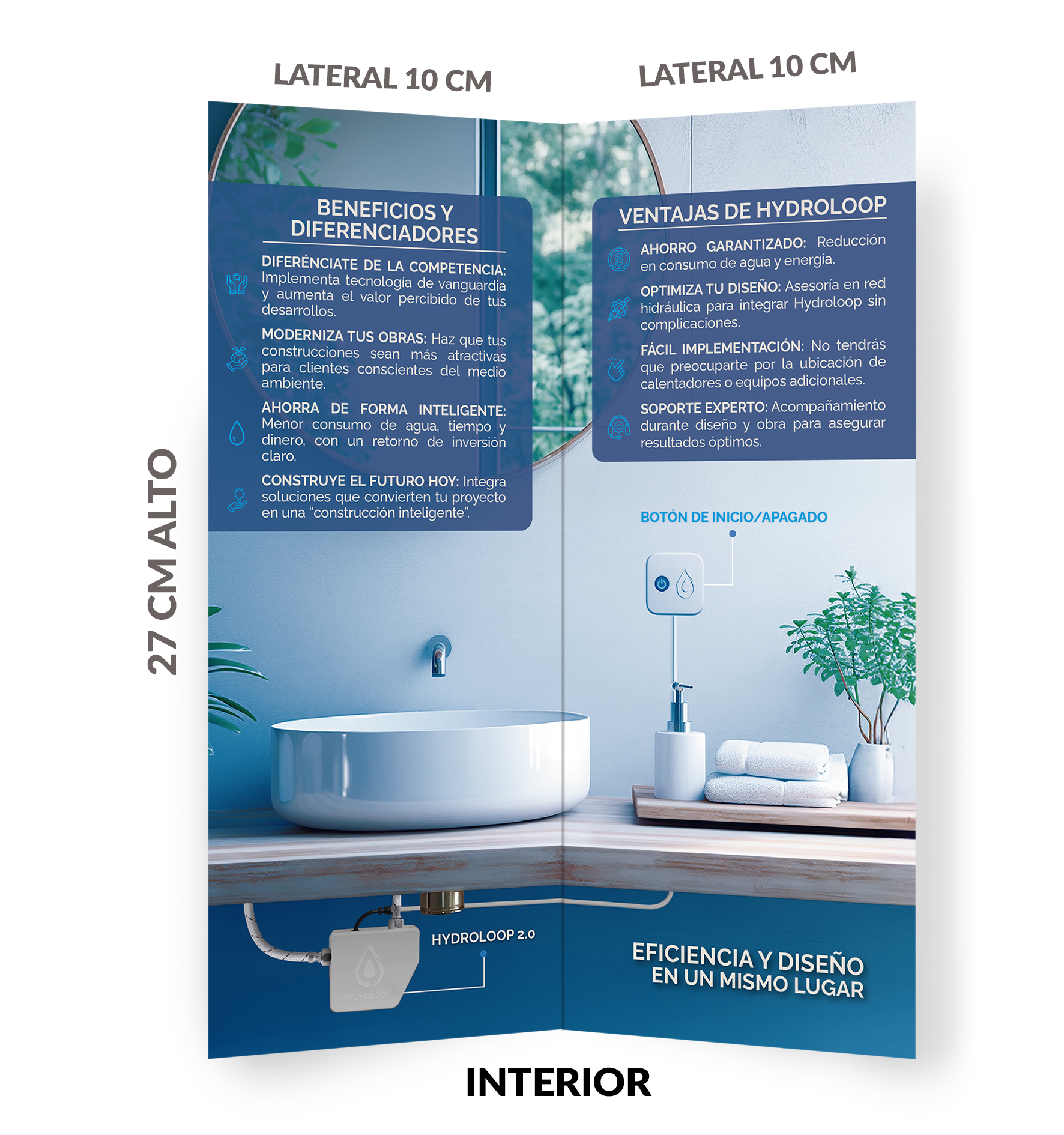 Informational brochure for Hydroloop 2.0, a smart water management system, with text in Spanish detailing its benefits, advantages, easy installation, expert support, and a start/stop button, set in a modern bathroom with a white bathtub, green plant