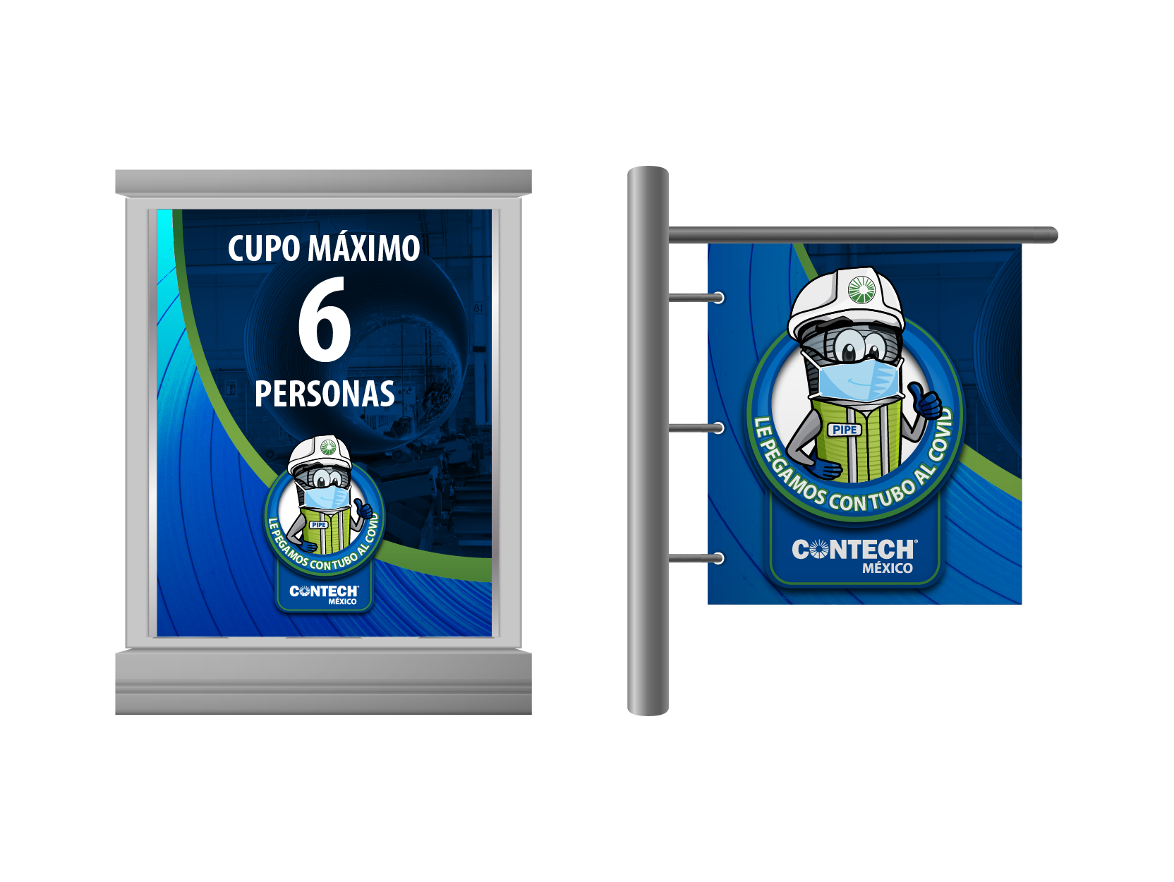 Poster displaying maximum capacity of 6 people for an enclosed space, featuring a cartoon character with a helmet and face mask, affiliated with CONTECH MÉXICO, promoting COVID-19 safety measures.