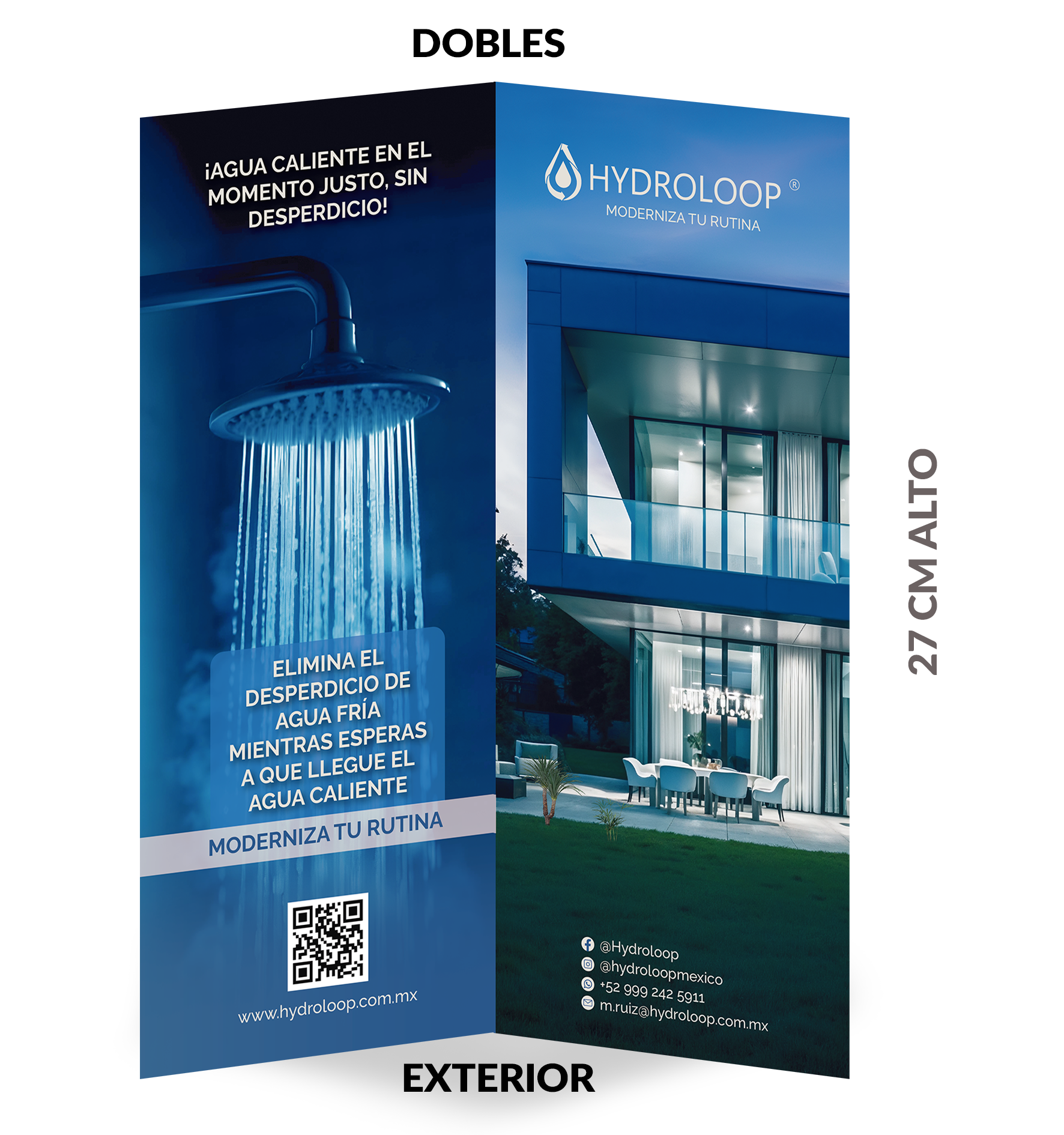 Brochure for Hydrolc, promoting modernizing home water systems, showing a modern house exterior and a shower head, with text about eliminating water waste and QR code.