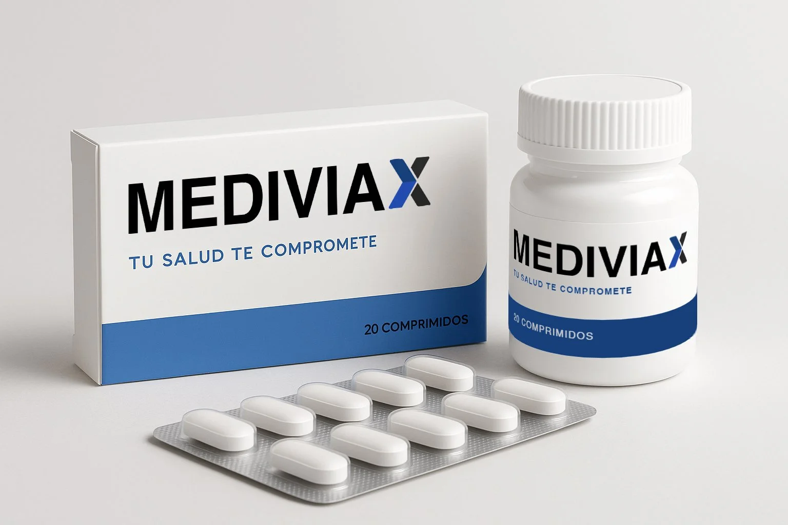White medication box and bottle labeled 'Medivix' with a blue and white color scheme, along with a blister pack of white capsules