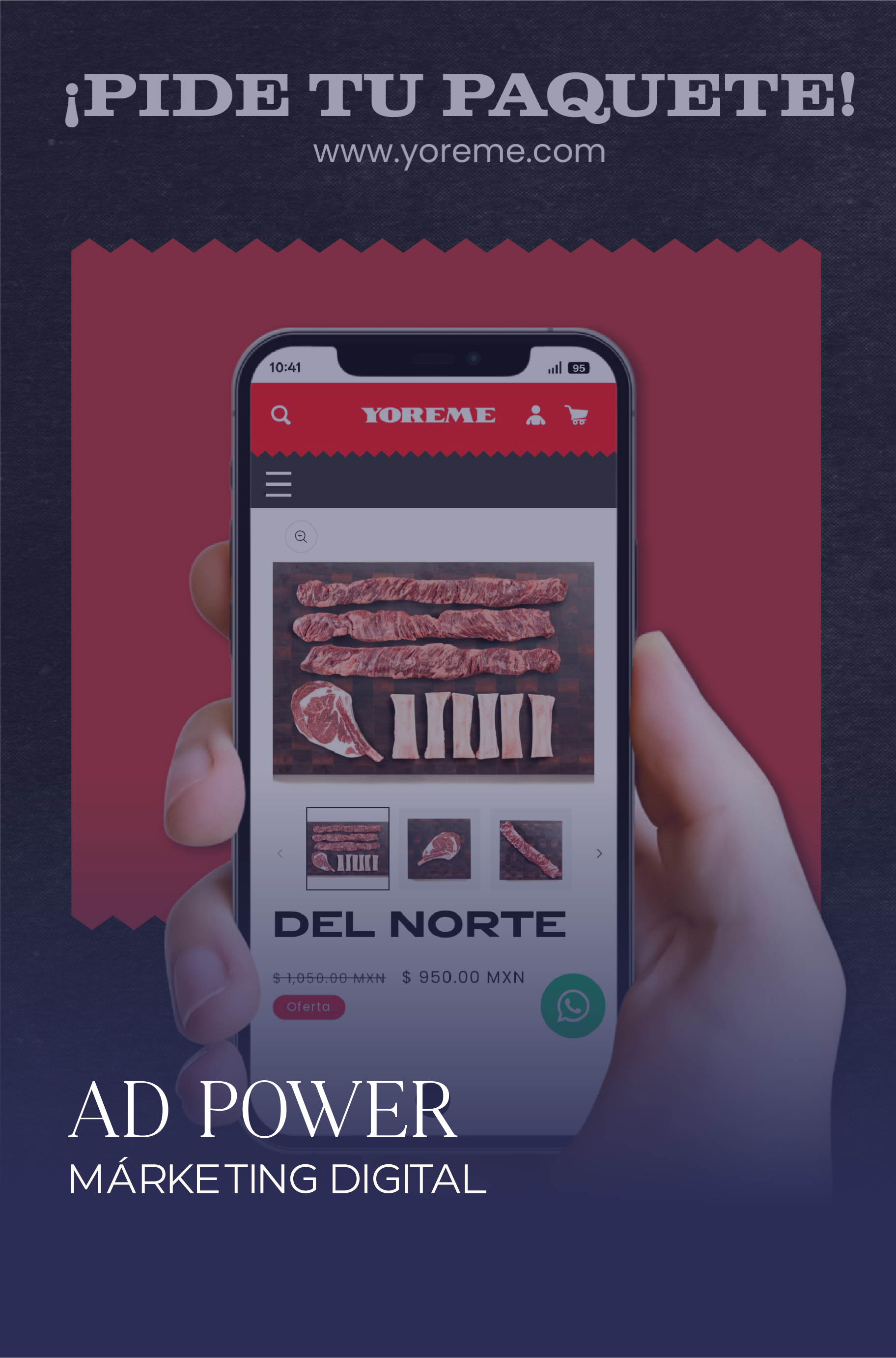 A hand holding a smartphone displaying an online meat shop called YOREME, featuring various cuts of meat like steaks and ribs on the screen.