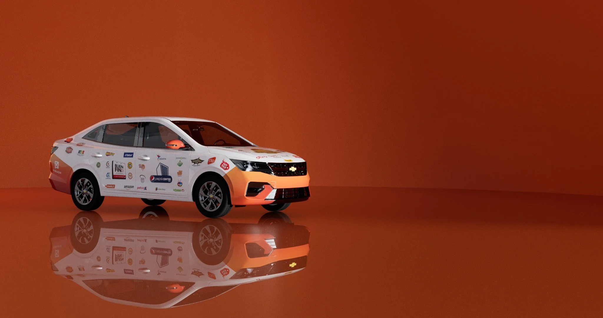 A white Chevrolet car with various sponsor logos on its sides and a Chevrolet emblem on the front, positioned against an orange background, and reflected on a glossy surface.