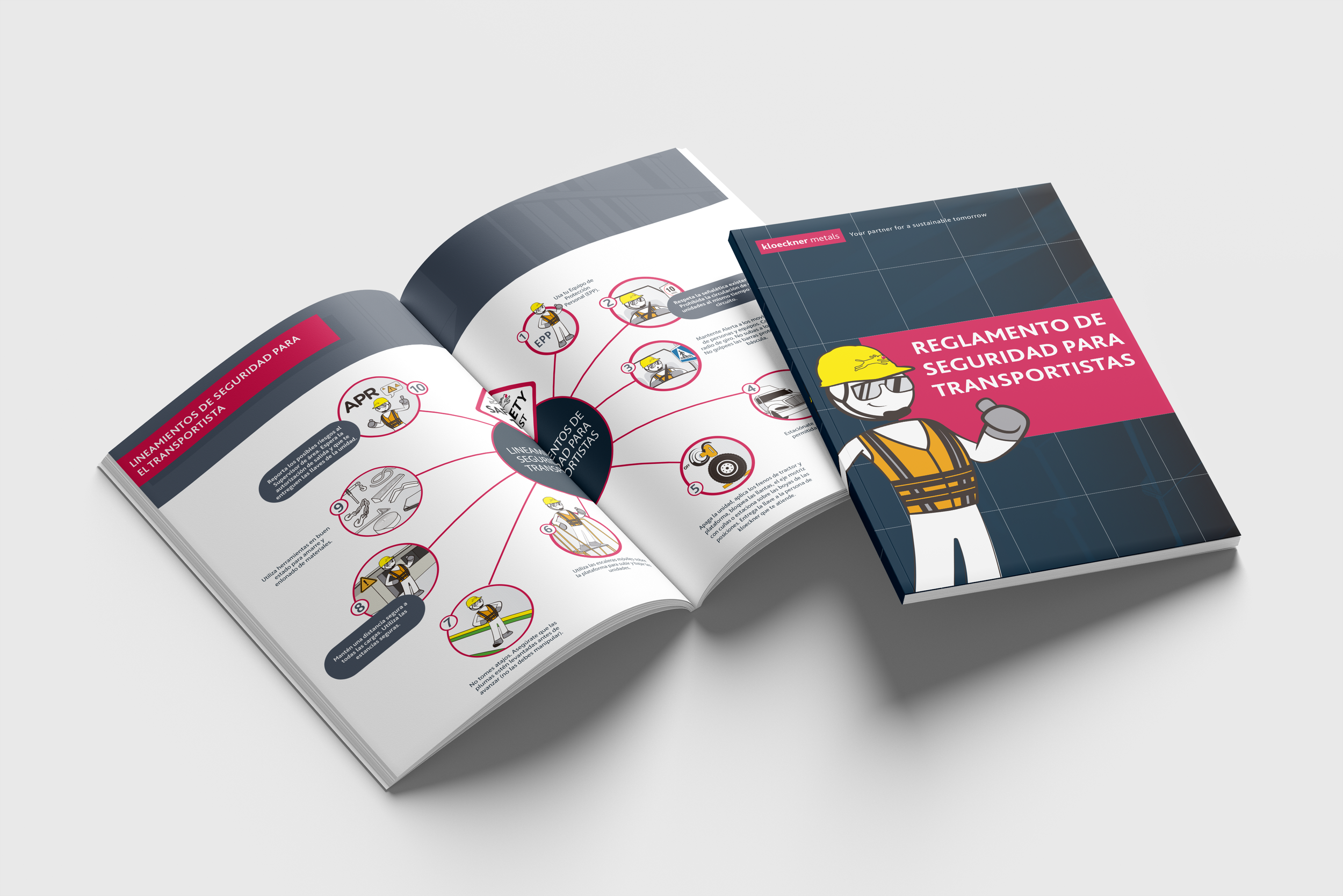 Open safety regulations booklet with illustrations and text, next to a closed booklet with a cartoon character of a construction worker giving a thumbs up, titled "Reglamento de Seguridad para Transportistas".