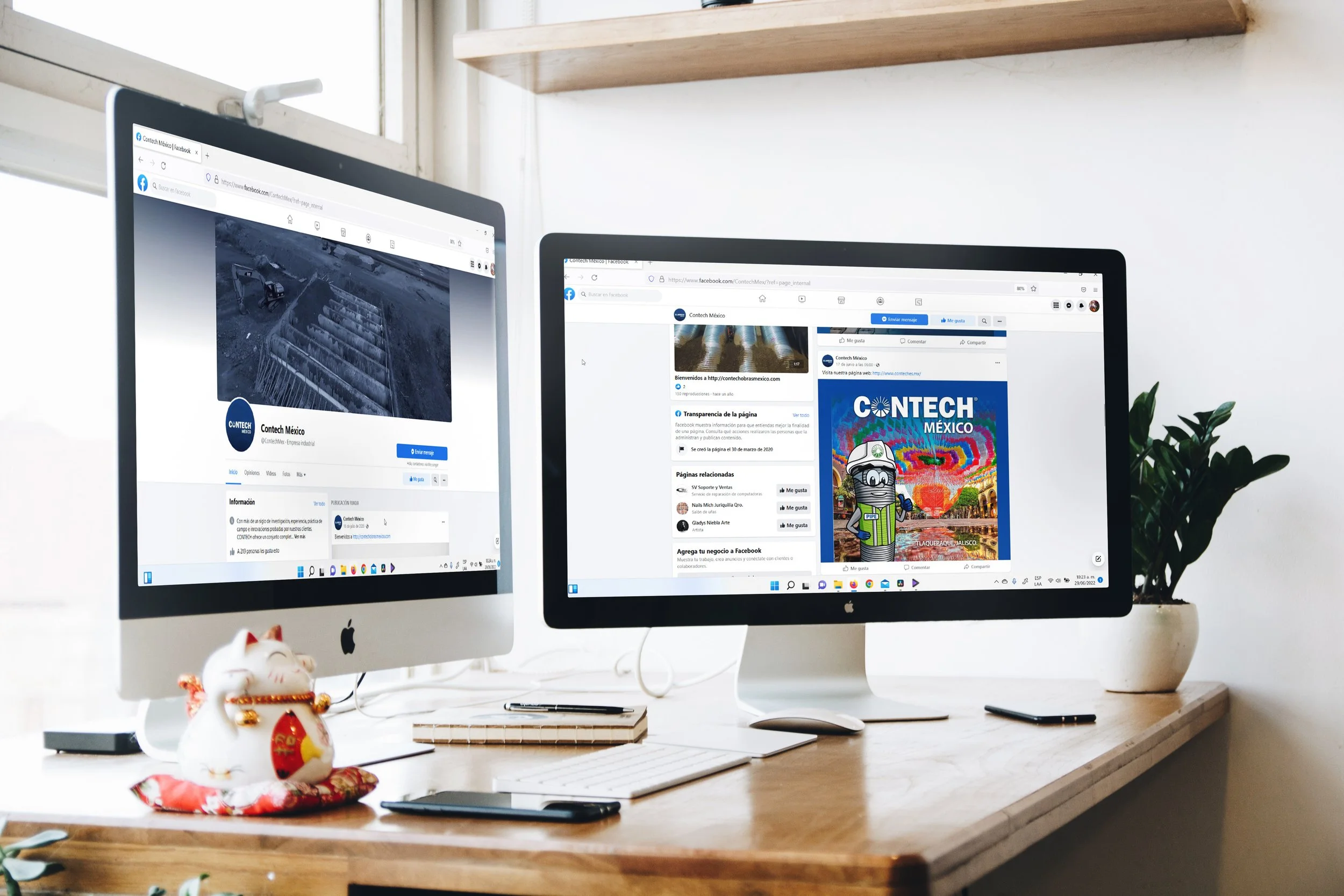 Two computer monitors on a wooden desk with a keyboard and mouse, displaying Facebook pages; a Maneki-neko cat figurine and a potted plant are also on the desk.