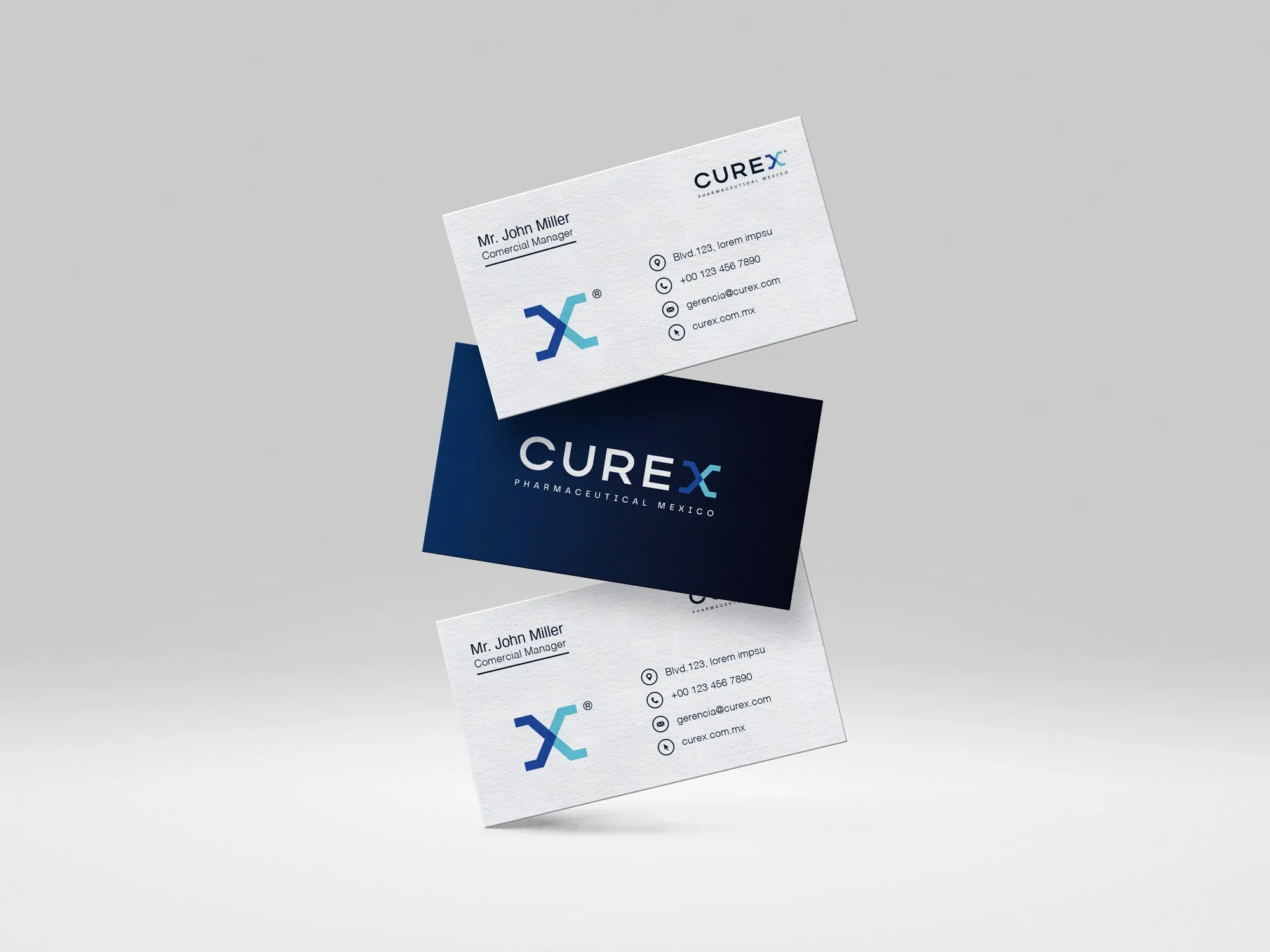 Business cards for Curex Pharmaceutical Mexico, featuring the logo and contact information of Mr. John Miller, Commercial Manager, on a light gray background with one card flipped to show both sides.