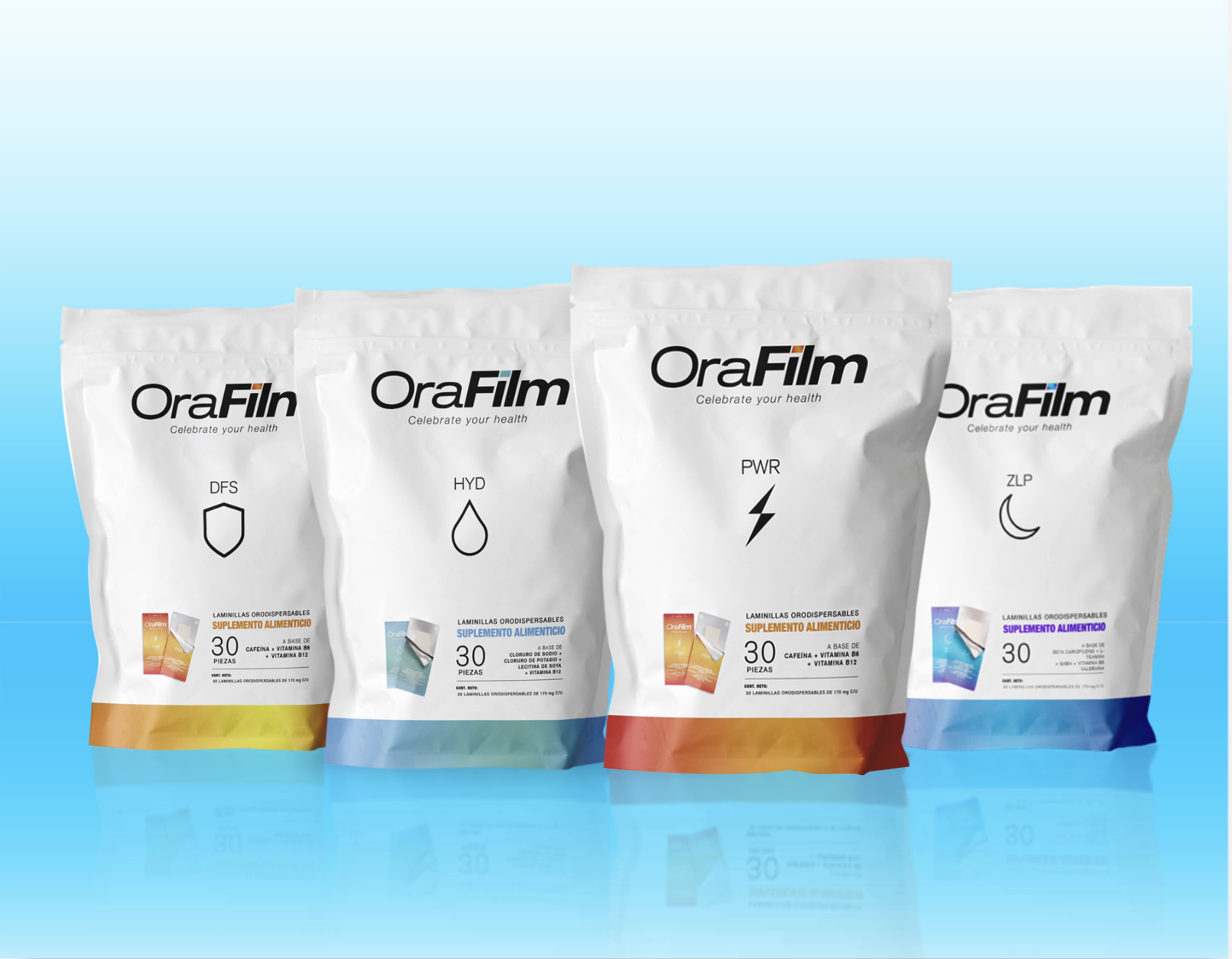 Four packages of OraFilm oral health supplements, each labeled with different symbols and colors, against a blue background.