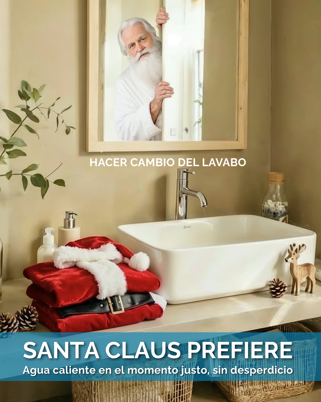 A bathroom with a mirror, washing basin, and holiday decorations. A Santa hat and red suit are on the counter, with small pinecones and a toy reindeer nearby. A man with white hair and beard peeks through the mirror. Text overlaid reading 'HACER CAMB