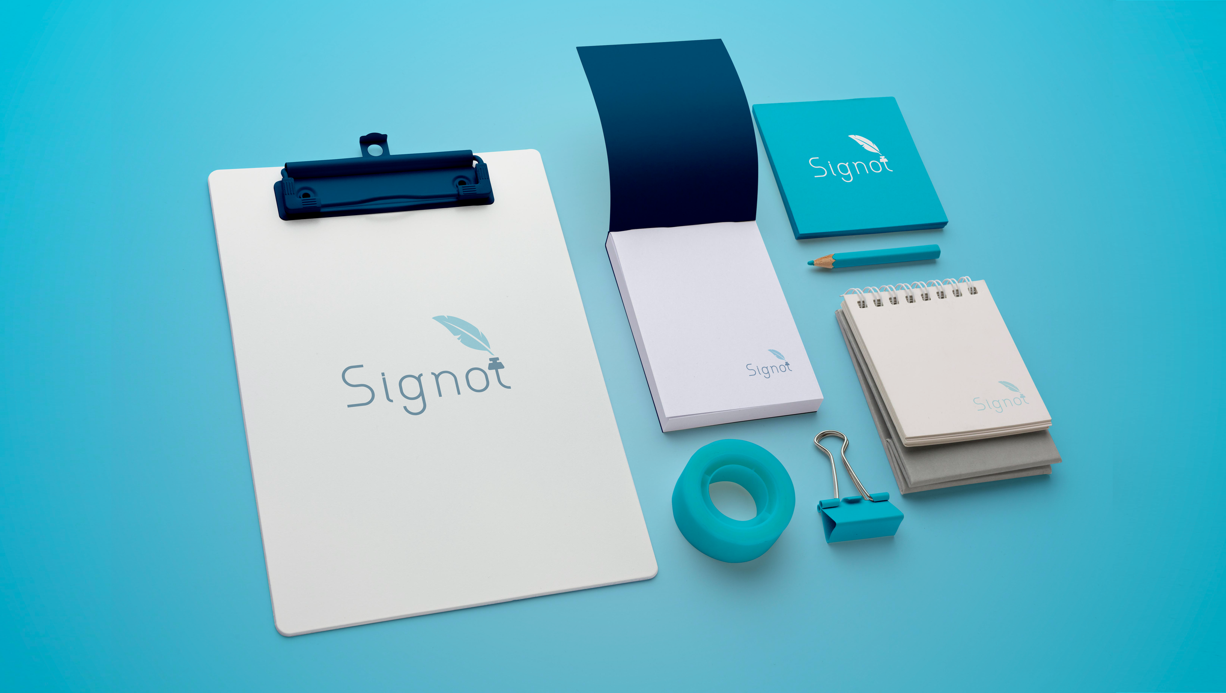 Collection of office stationery items including a clipboard, notepad, sticky notes, pencil, binder clip, tape, and a small notebook on a blue background, all branded with the Signot logo.