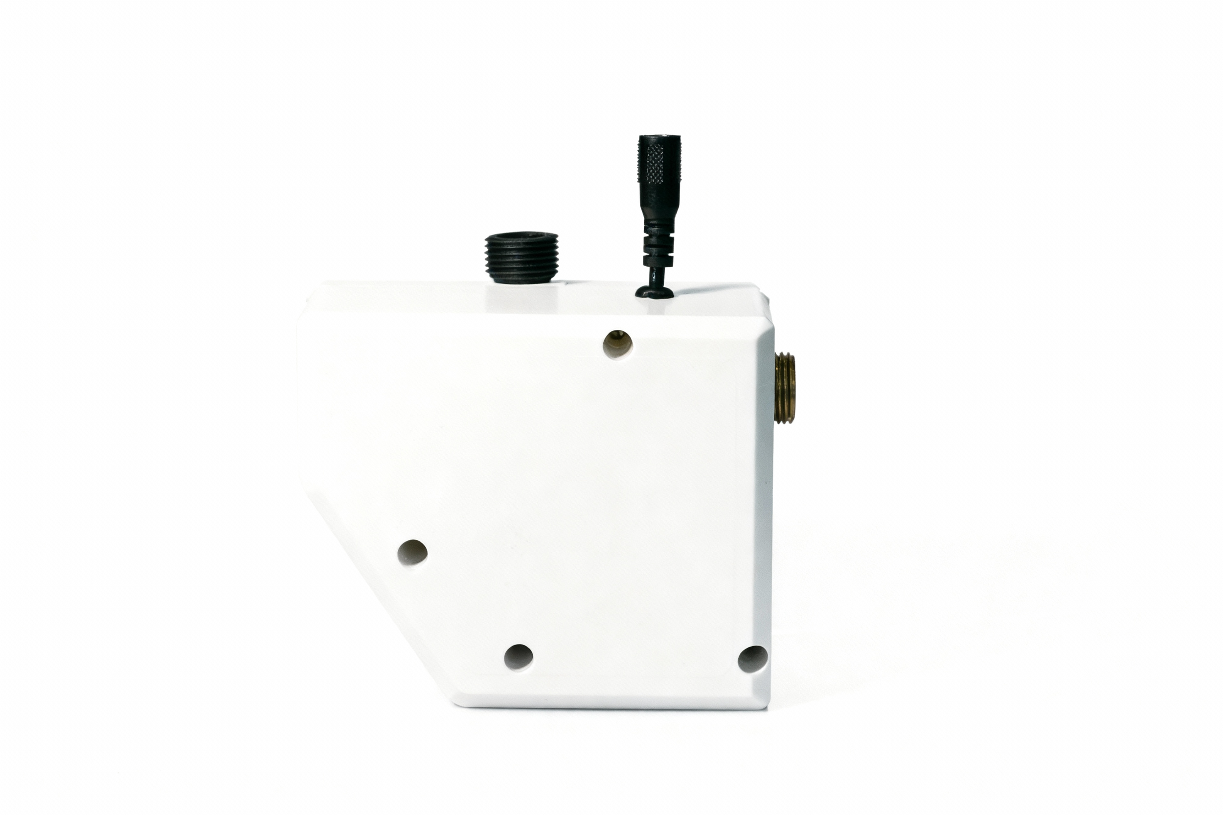 A white mechanical device with a black connector port and a black antenna, set against a plain white background.