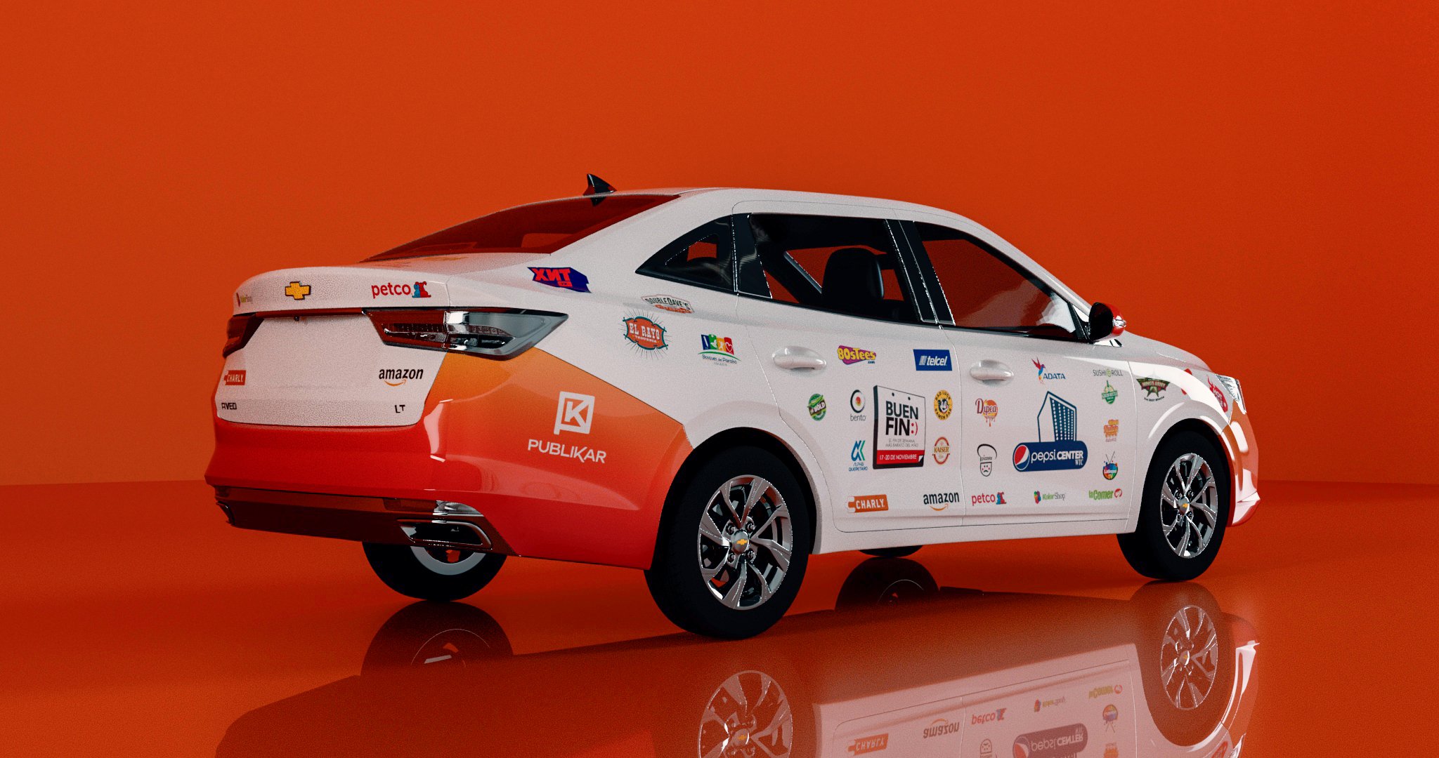 A white sedan with multiple sponsor logos and a red-orange gradient background.