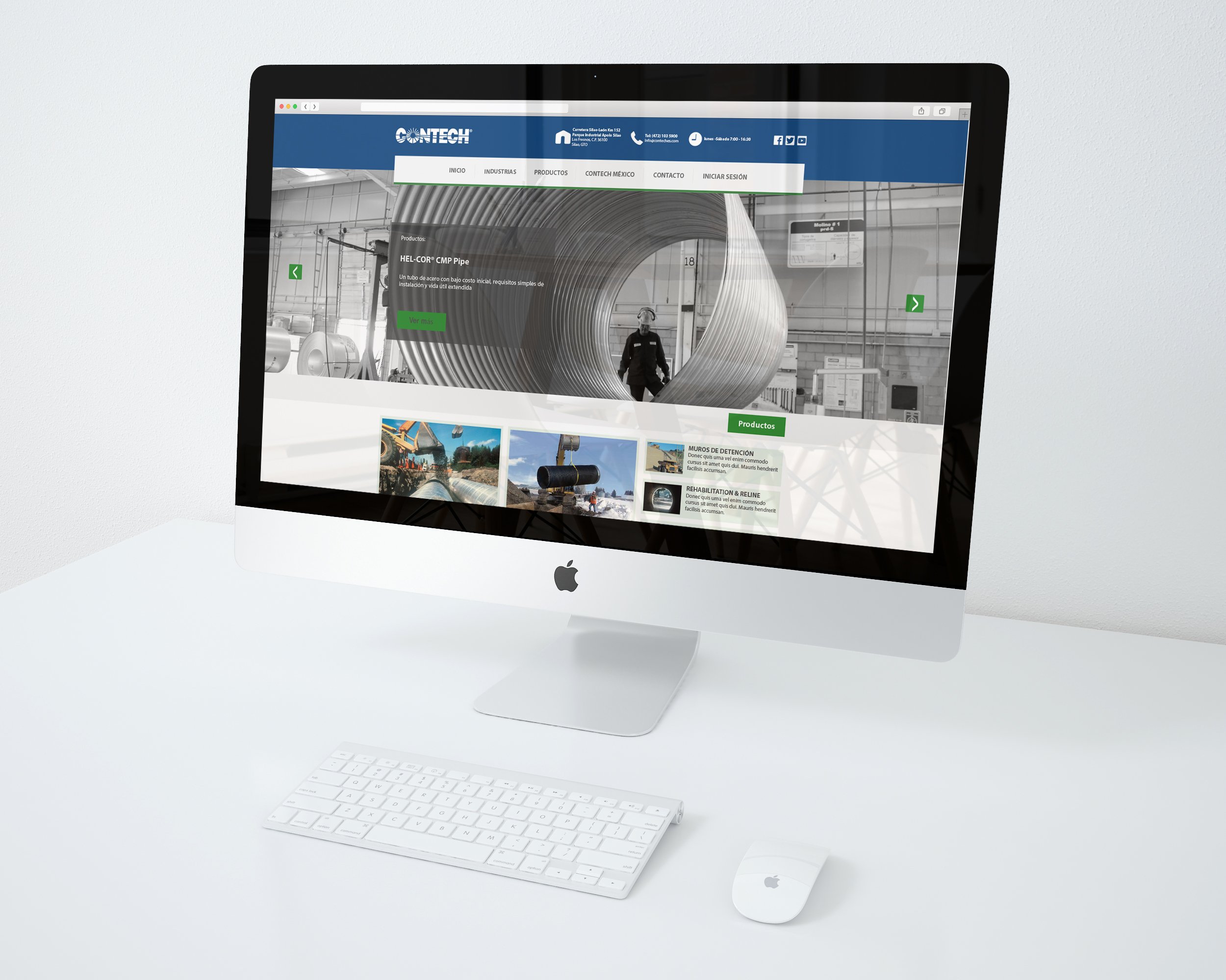 Apple iMac computer on a white desk displaying a website for a company called CONTECH, which specializes in industrial piping and construction products, with a keyboard and mouse nearby.