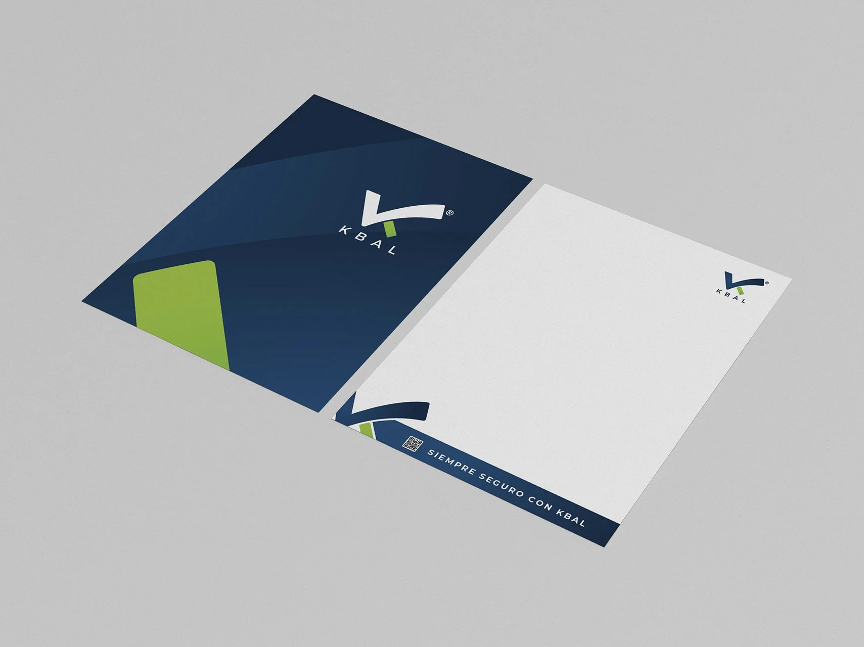 Open brochure with blue and white backgrounds, featuring the KBAL logo and slogan in Spanish, 'SIEMPRE SEGURO CON KBAL'.