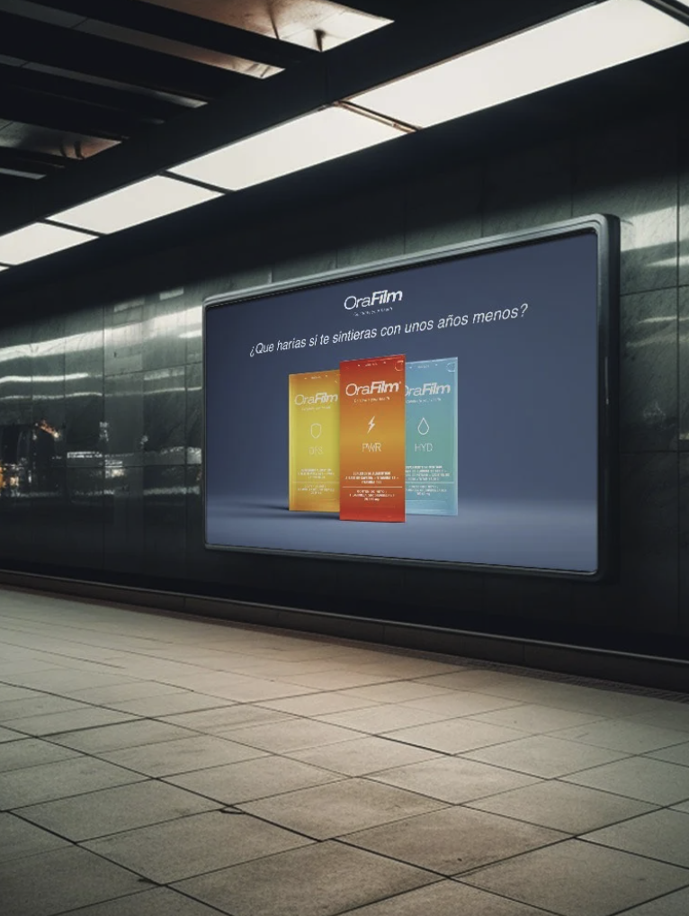 Digital advertisement for OraFilm with colorful packaging and text in Spanish.