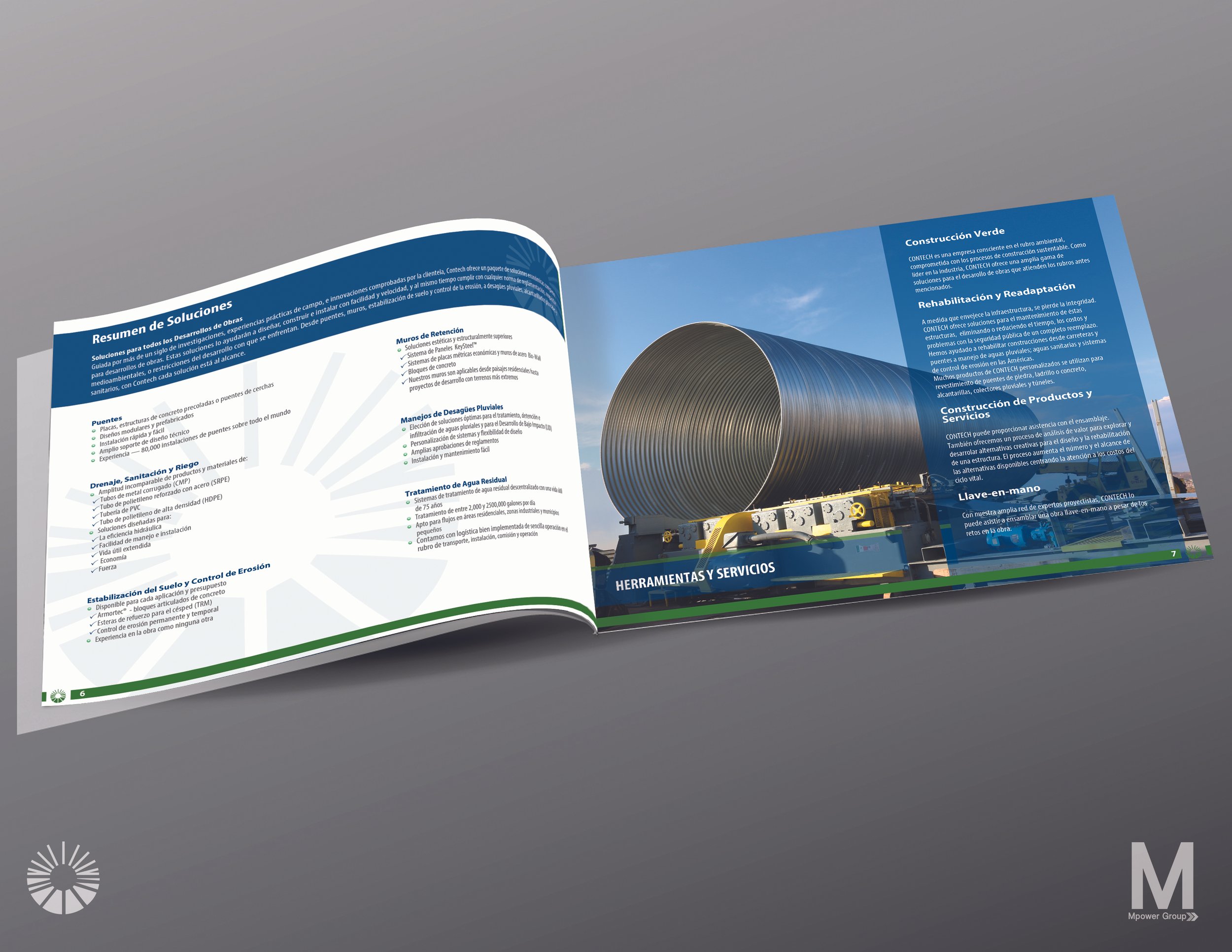 Open brochure open to pages 6 and 7, showing technical information about solutions, construction, and services, with a large image of a cylindrical industrial structure on a blue background.