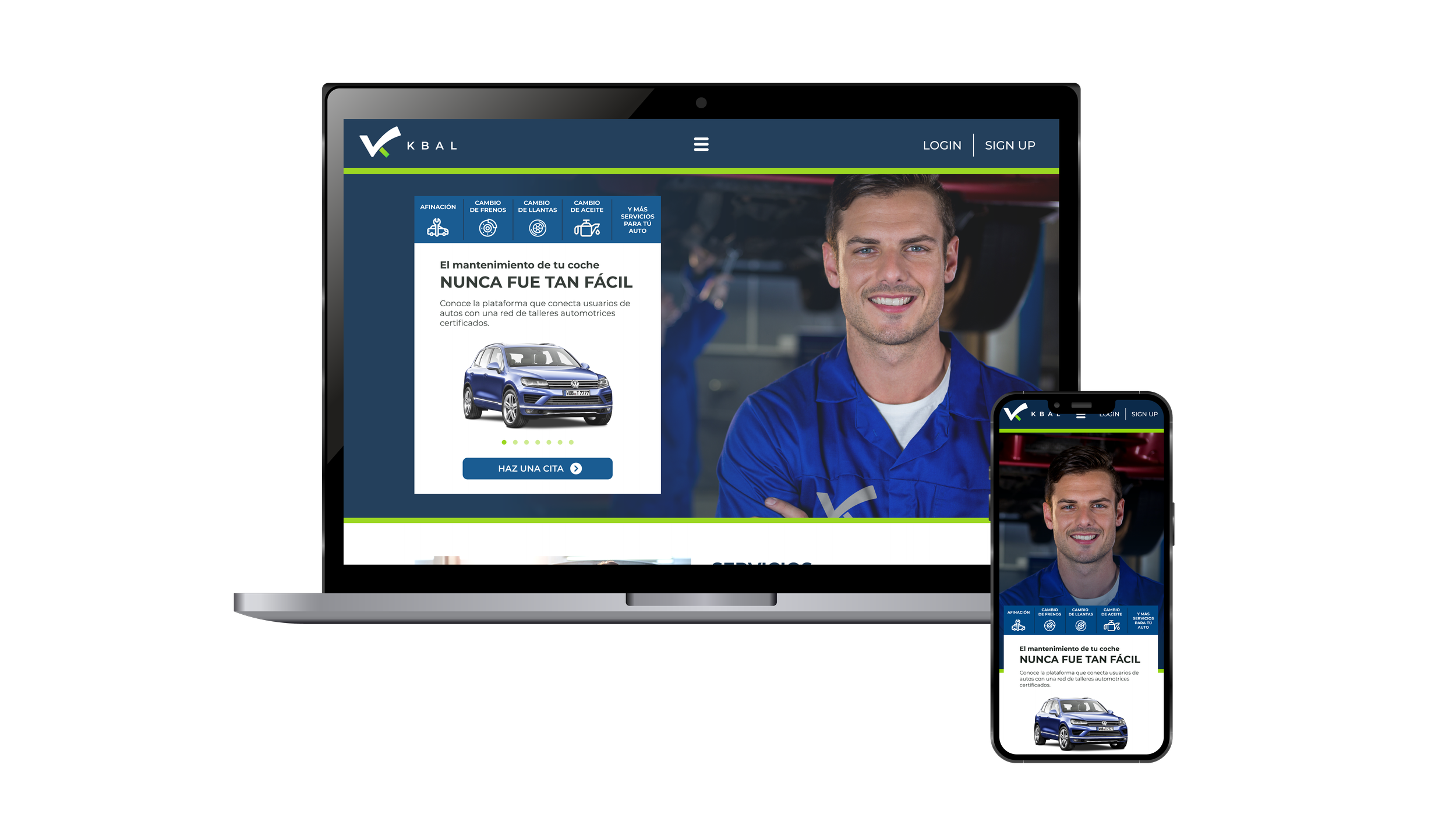 Laptop and smartphone displaying a car maintenance service website with a smiling mechanic in a blue uniform and an image of a blue Volkswagen SUV.