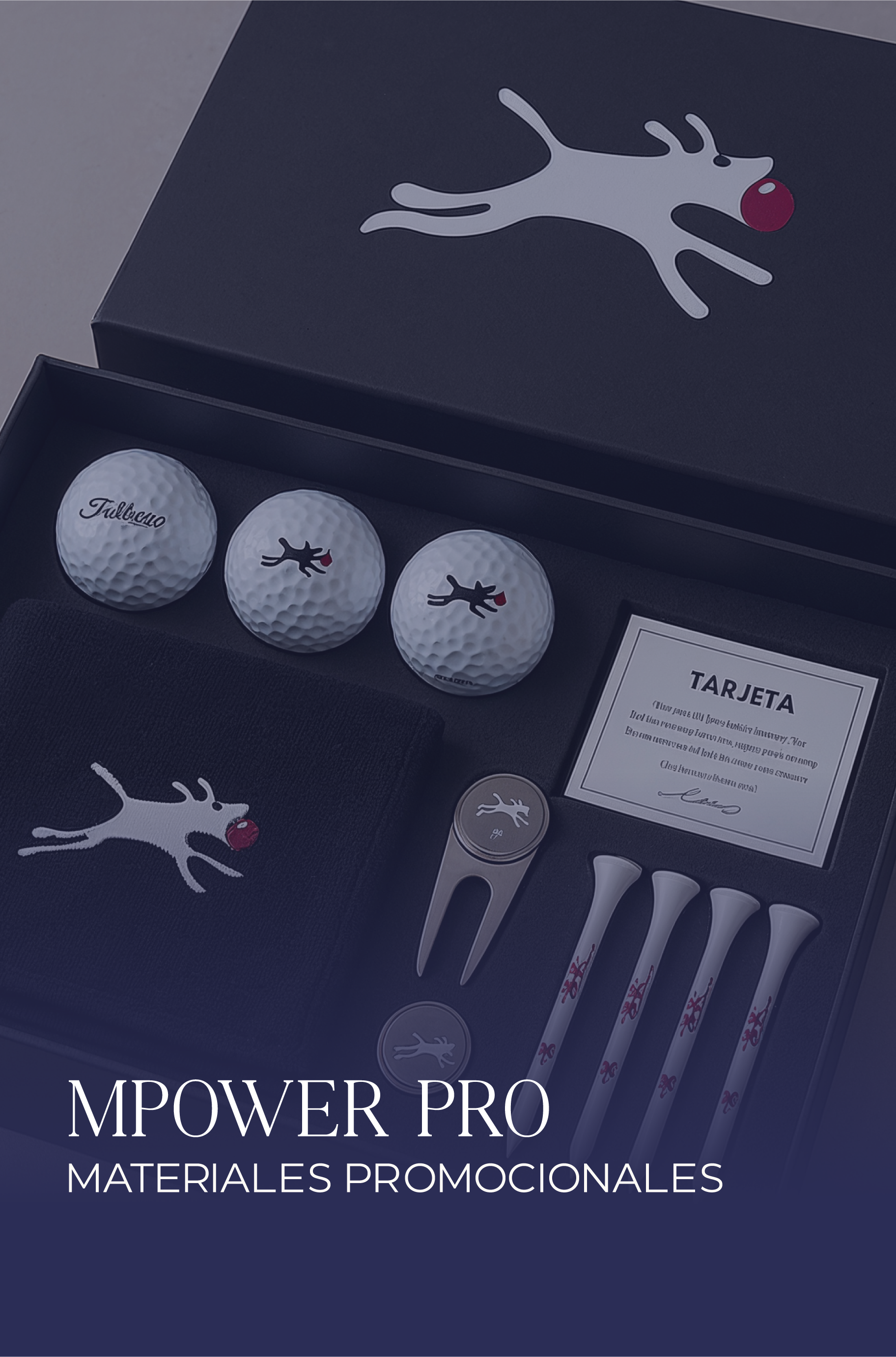 A promotional set of golf accessories and materials from MPower Pro, including three golf balls, a cone-shaped tee, a golf marker, golf pencils, a card, and a fabric case, all featuring a reindeer with a red nose graphic.