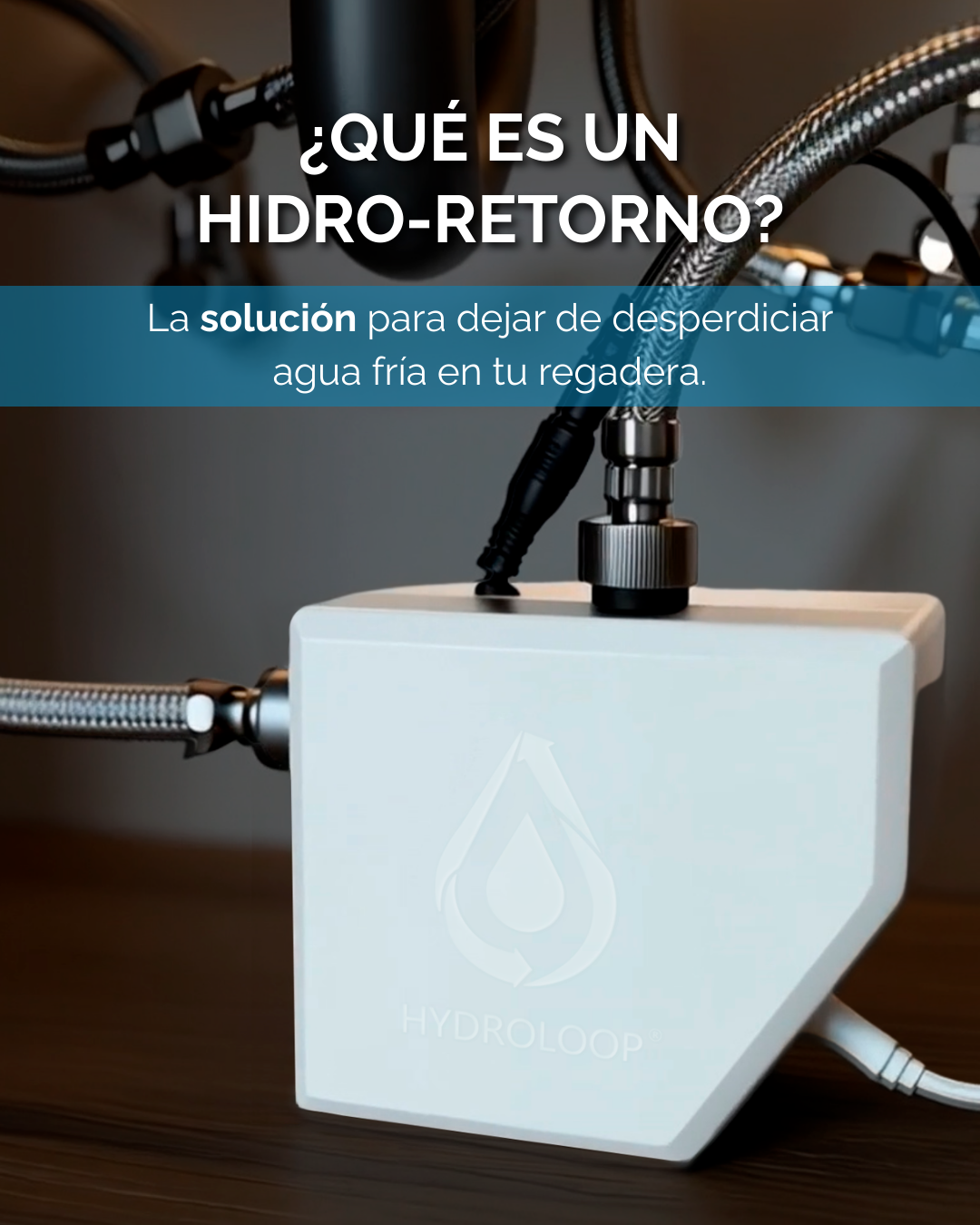 A hydro-loop device connected to water hoses, with text explaining its function as a solution to prevent waste of cold water in a sink.