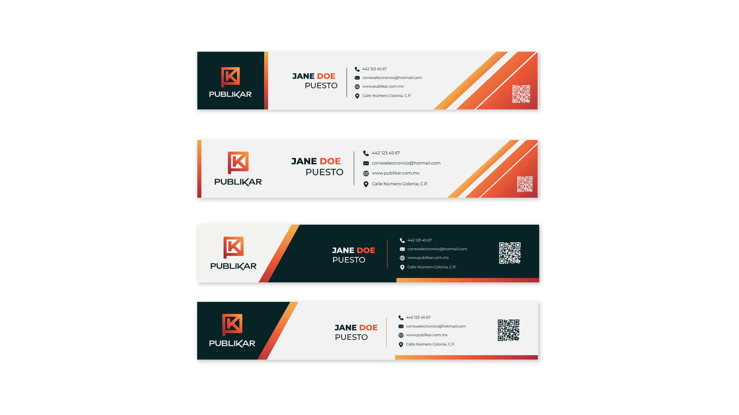 Collection of four horizontally aligned business cards for Publikar with a dark green, orange, and white color scheme, featuring a logo, contact details, and a QR code.