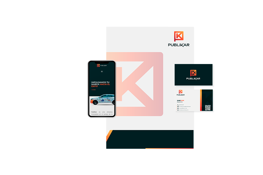 Trade show booth for Publikar, featuring a large logo, digital display, brochures, QR code, and a smartphone mockup showcasing their website, focused on brand promotion and marketing services.