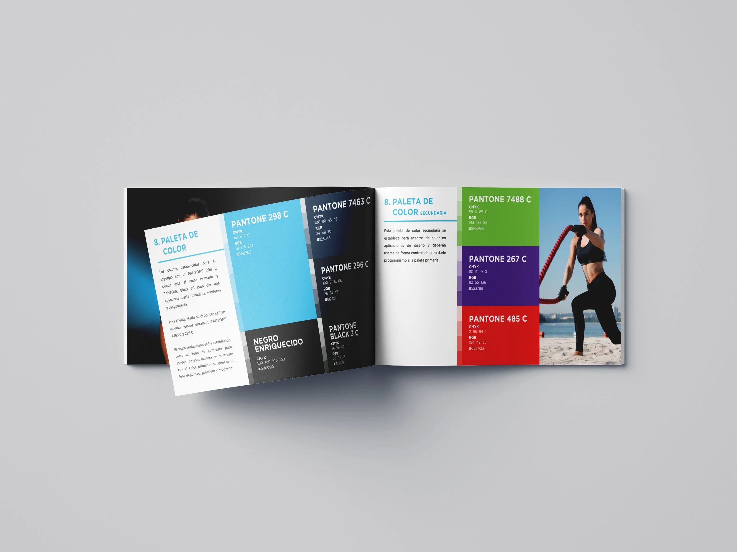 Open color palette and design catalog featuring color swatches, a woman exercising on a beach with a rope, and text in Spanish describing color standards.