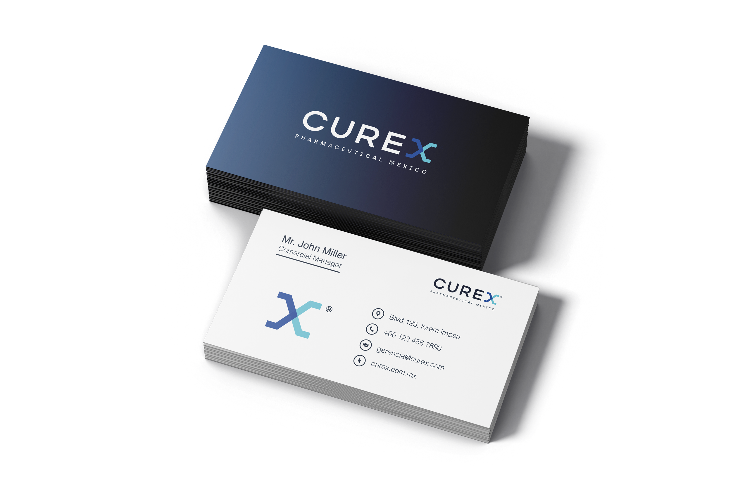 Business card and stack of cards for Curex Pharmaceutical Mexico, featuring a logo with a blue and purple 'X', contact information, and a professional design.