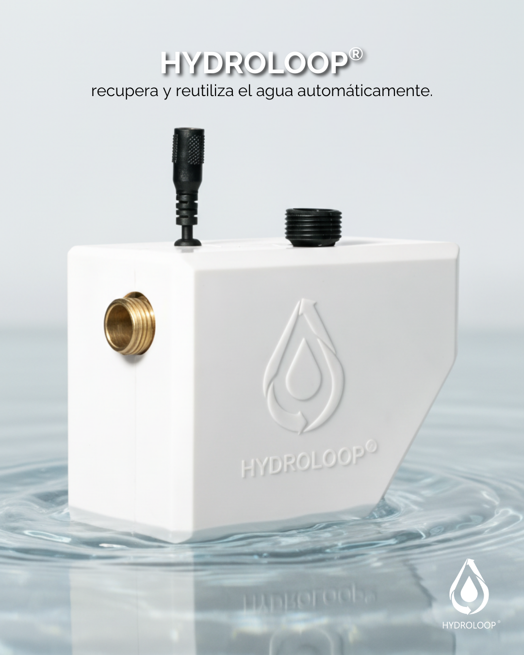 A white rectangular device with a water droplet logo and the text 'HYDROLOOP' on it, floating on water. It has a black wire and a black cap on top, and a brass connector on the side. The text 'HYDROLOOP' is also visible in the bottom right corner.