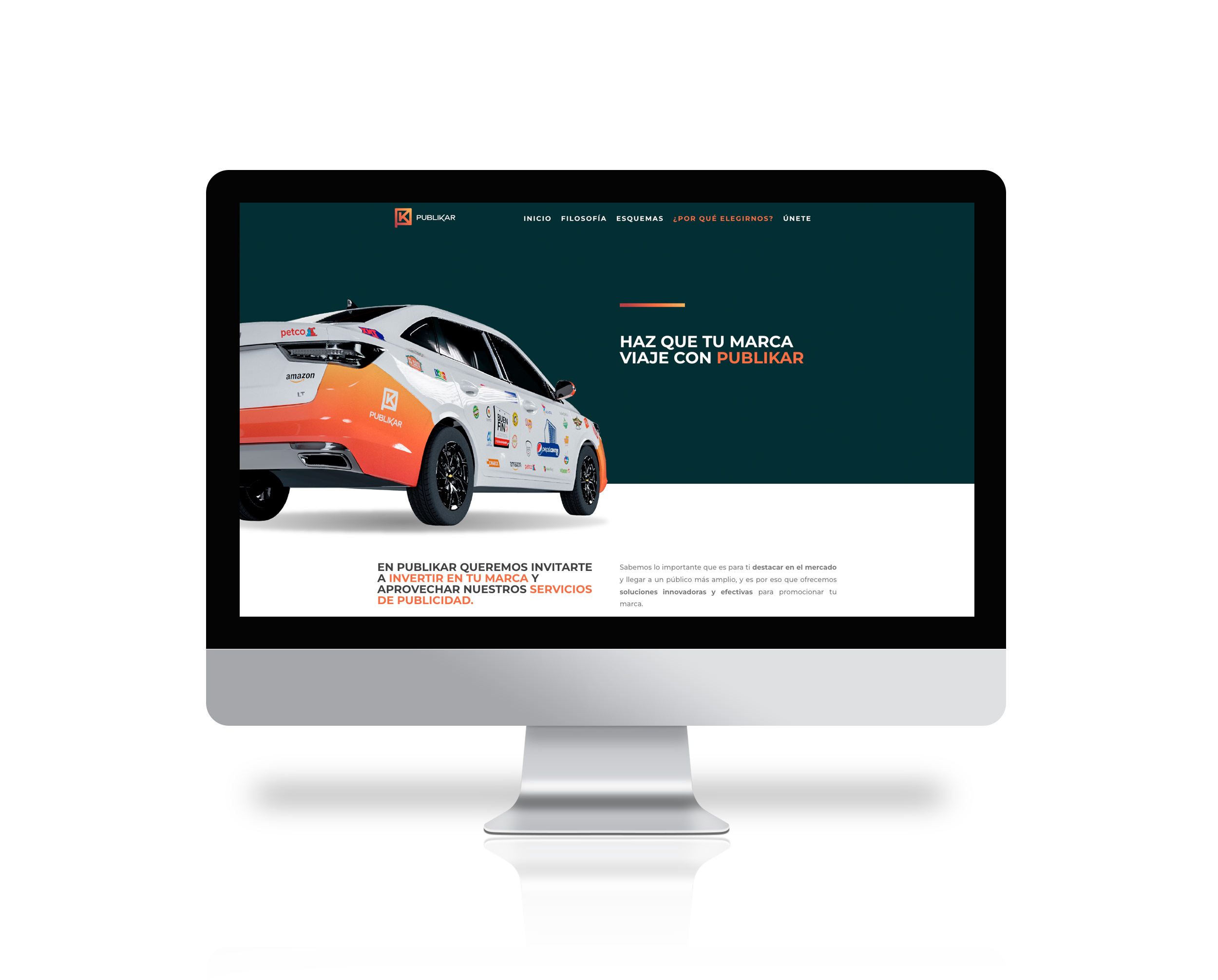 A computer monitor displaying a website for Publikar, promoting vehicle branding services with an image of a decorated car and navigation menu at the top.