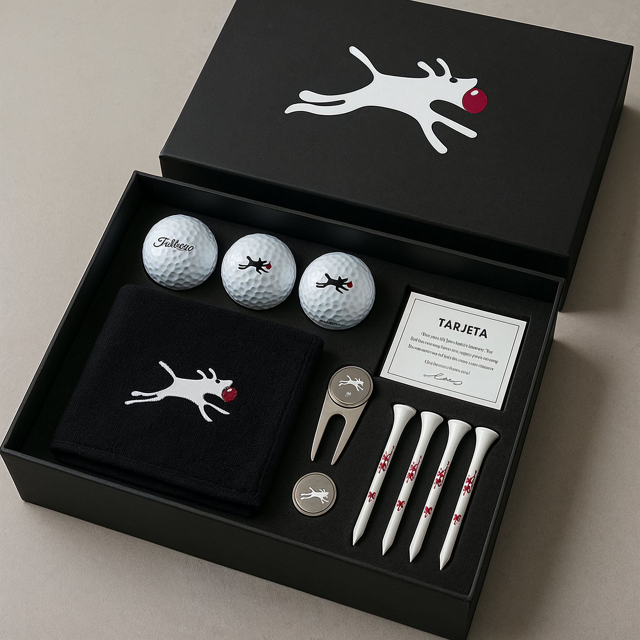 A black box containing golf accessories featuring a reindeer motif with a red nose. Inside the box are three golf balls with reindeer images, a black towel with a reindeer image, a golf tee with a reindeer logo, a divot repair tool, a silver coin, an