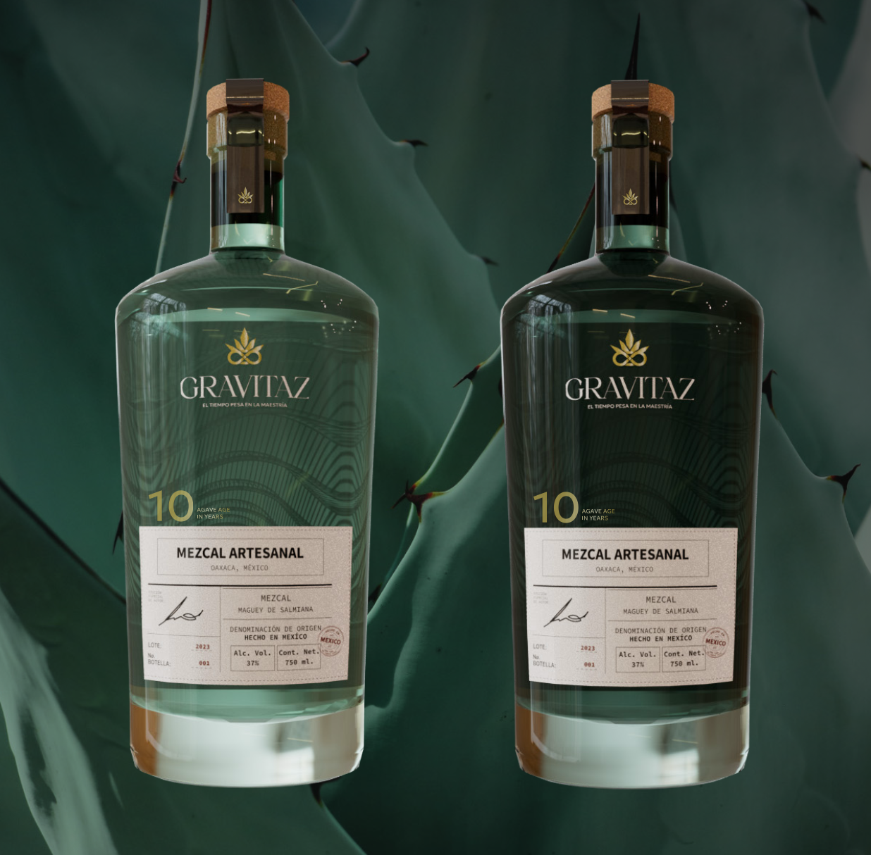 Two bottles of Gravtaz artisanal mezcal from Oaxaca, Mexico, aged 10 years, with labels showing the product details and alcohol content, against a green abstract background.