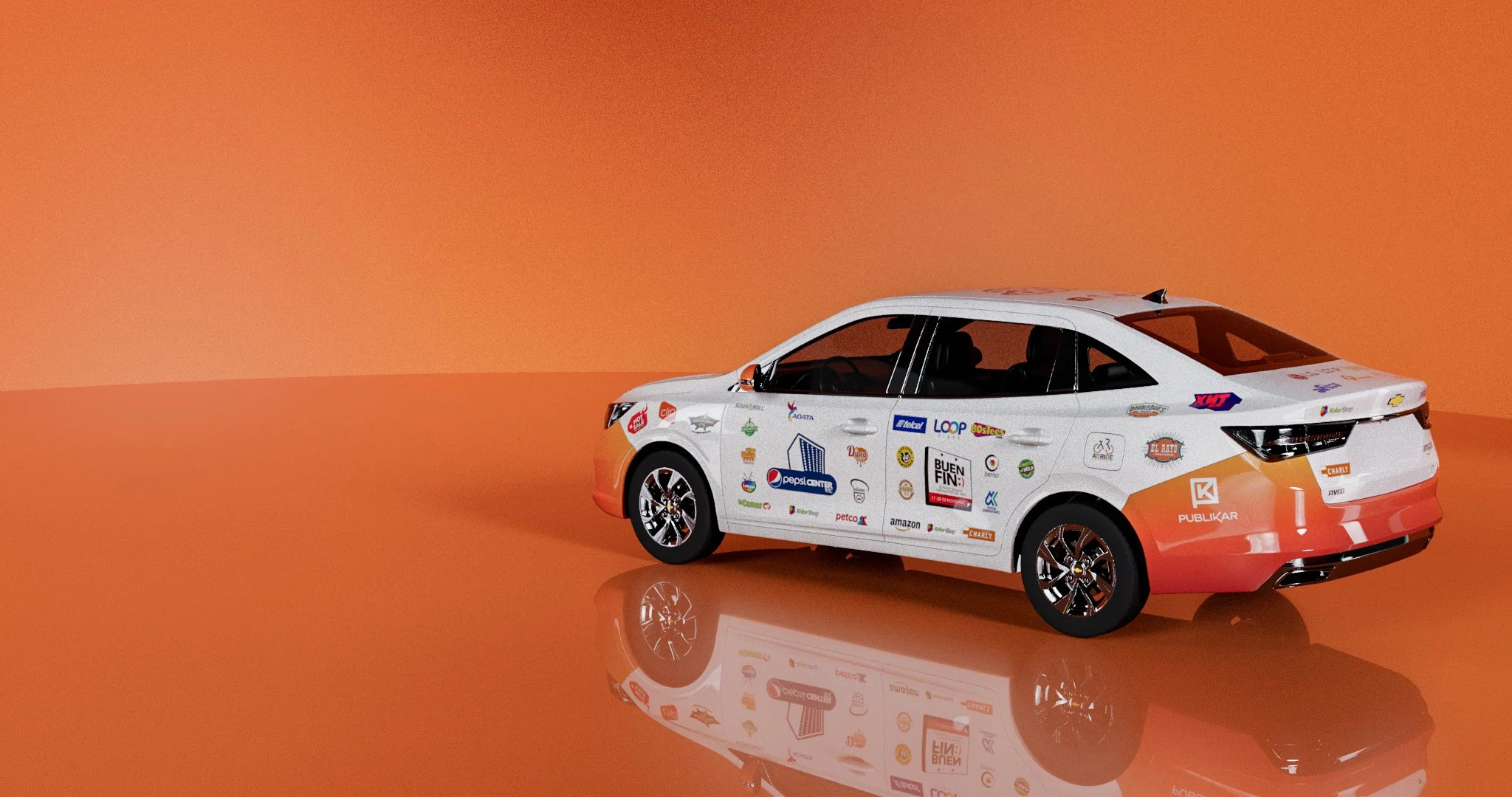 A white car covered with various sponsor logos on an orange reflective surface with an orange background.