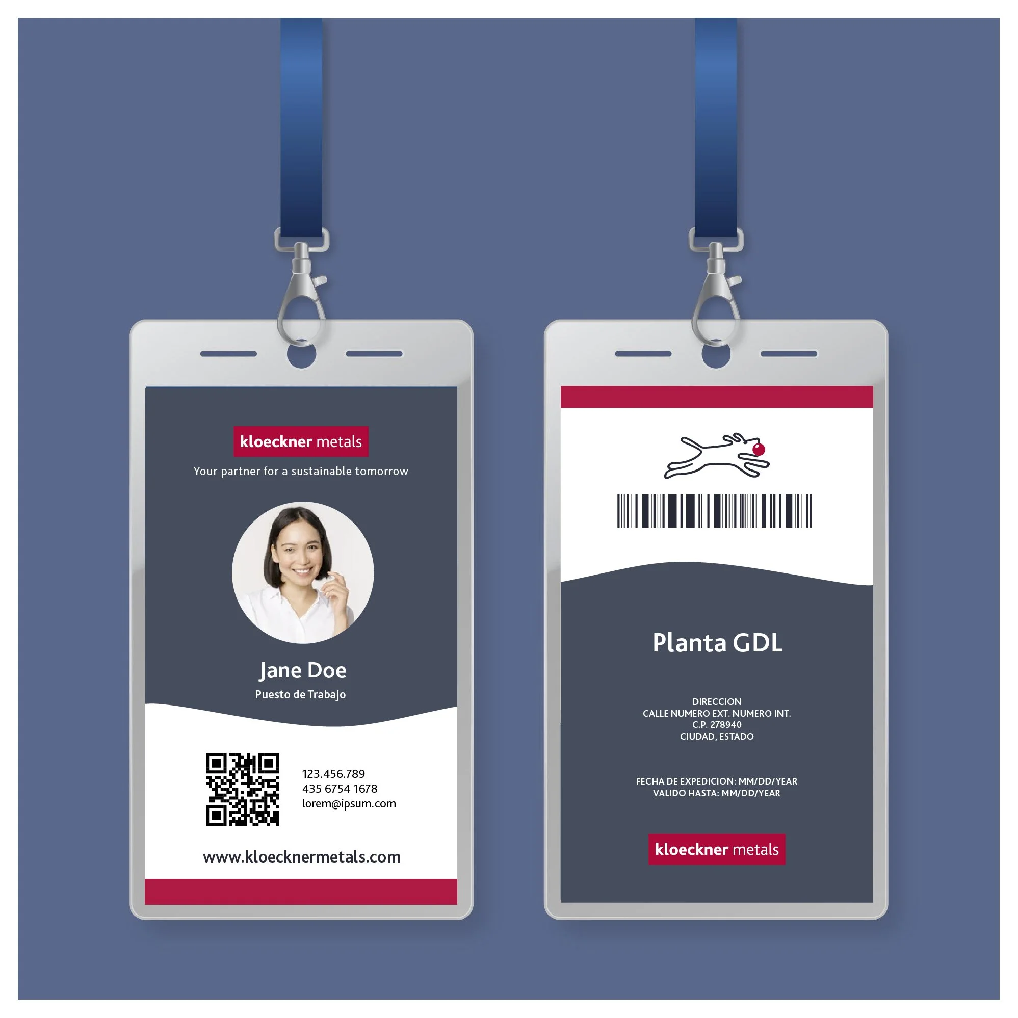 Two ID badges hanging on blue lanyards against a blue background. The front badge has a logo of 'kloeckner metals,' a photo of a woman, and contact information. The back badge displays a barcode, a simple logo of a dog, and the text 'Planta GDL' with