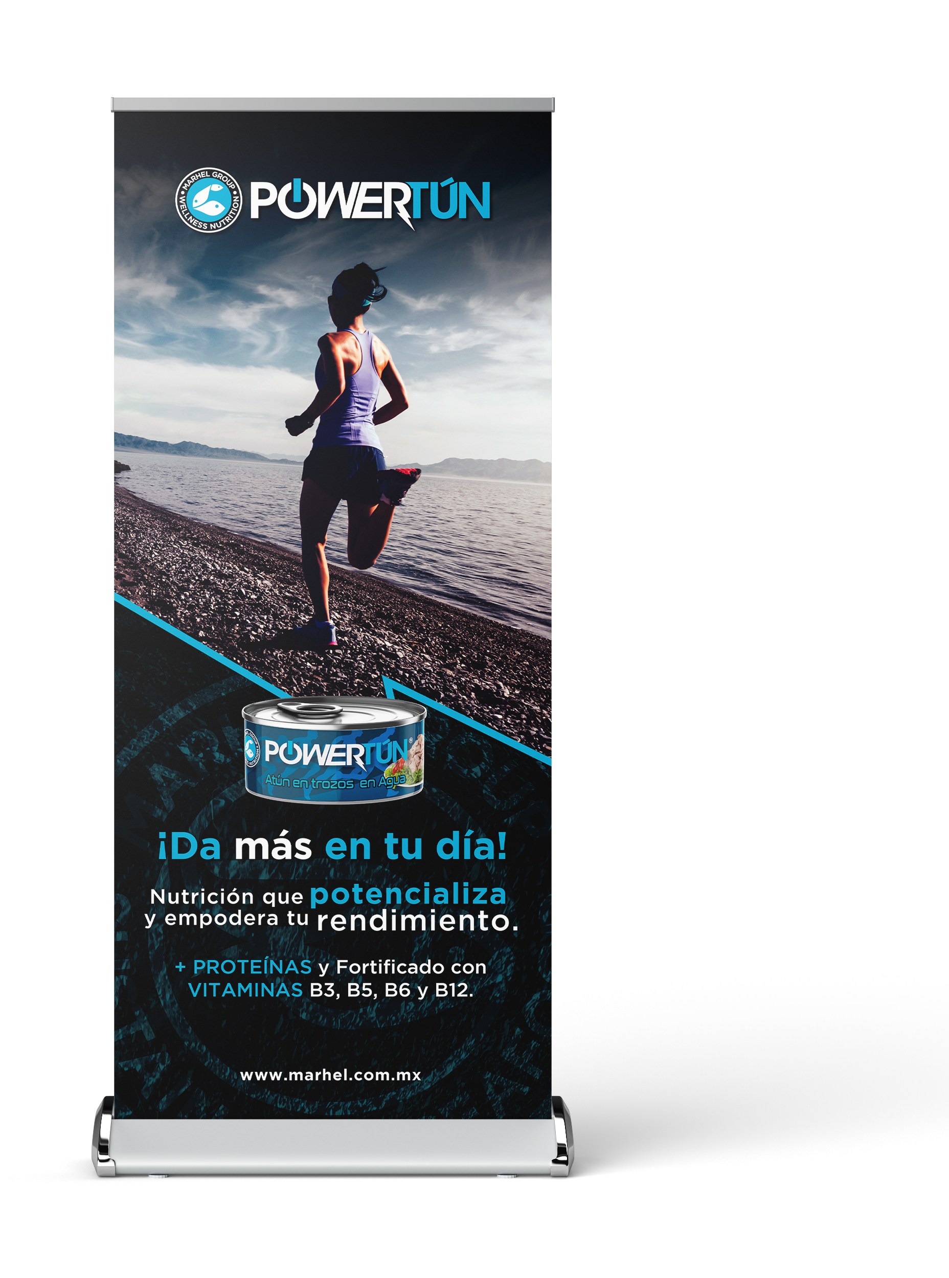 A promotional banner for Power Tuna shows a woman running along a lake shore, with a can of Power Tuna at the bottom. The text emphasizes nutrition, proteins, and vitamins.