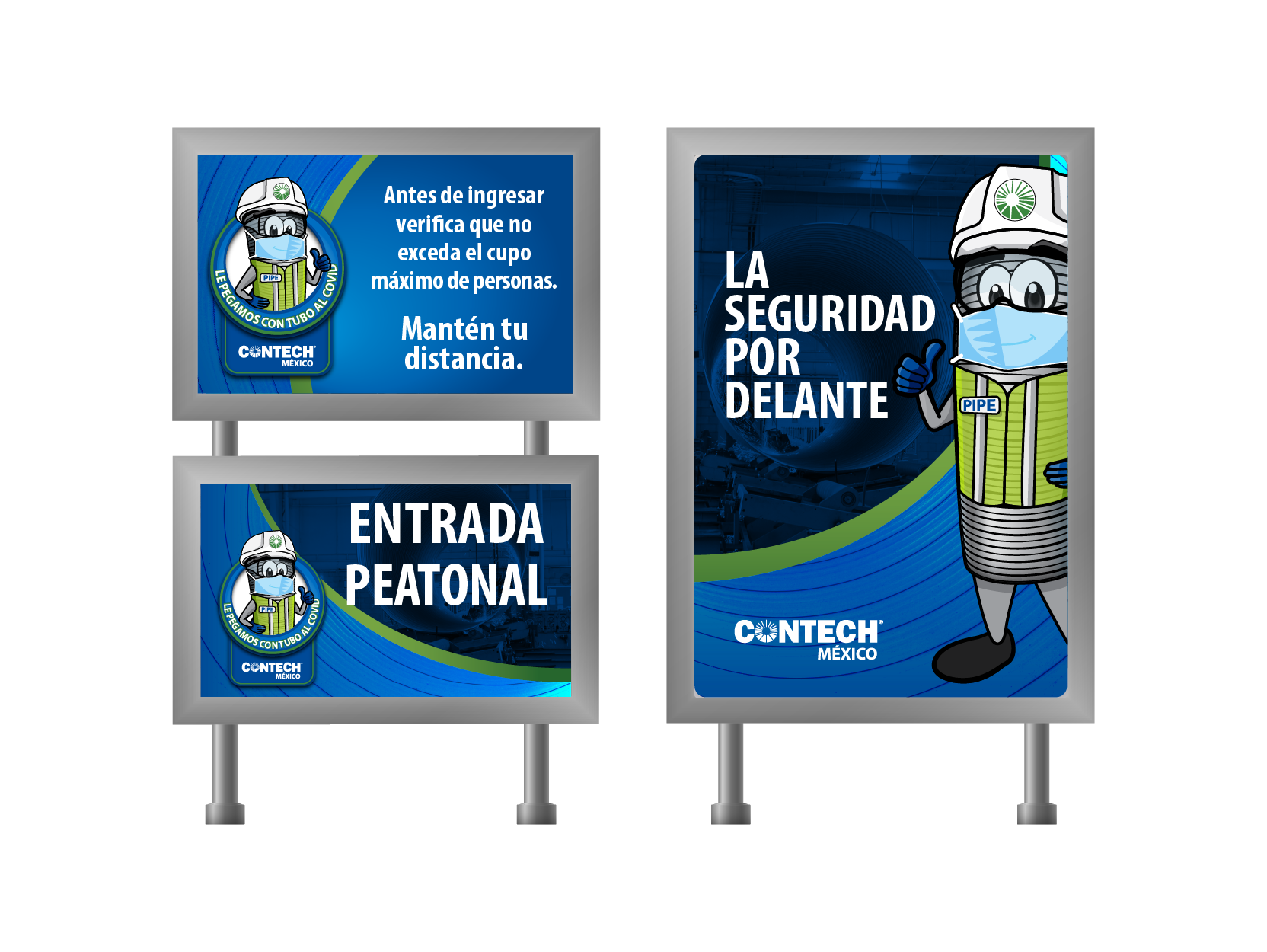 Three blue safety signs with a cartoon character wearing a hard hat and face mask, providing COVID-19 safety instructions and pedestrian entry information at an industrial facility.