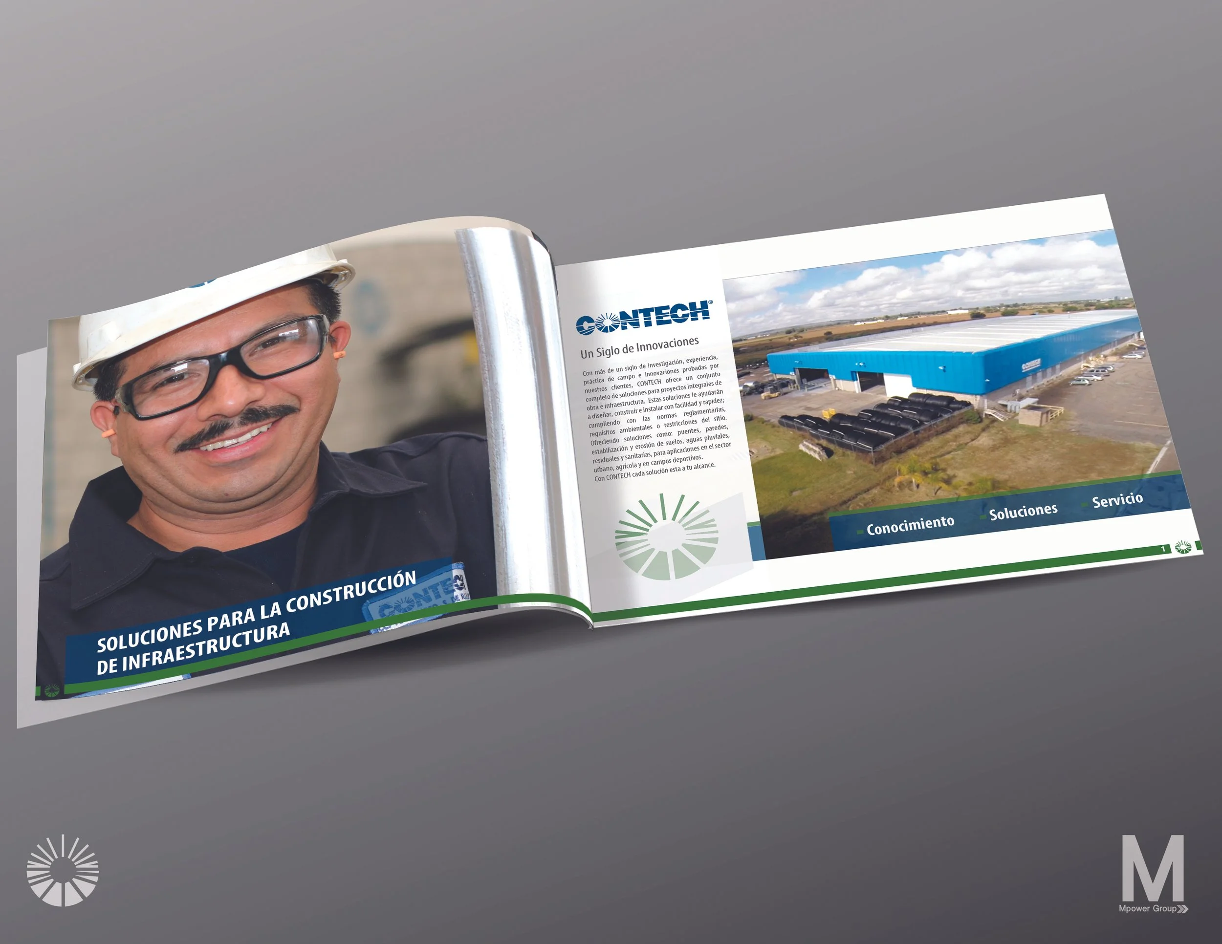 Open brochure featuring a smiling construction worker wearing safety glasses and a hard hat on the left page and an aerial view of a large industrial building on the right page, with a logo and Spanish text about infrastructure solutions.