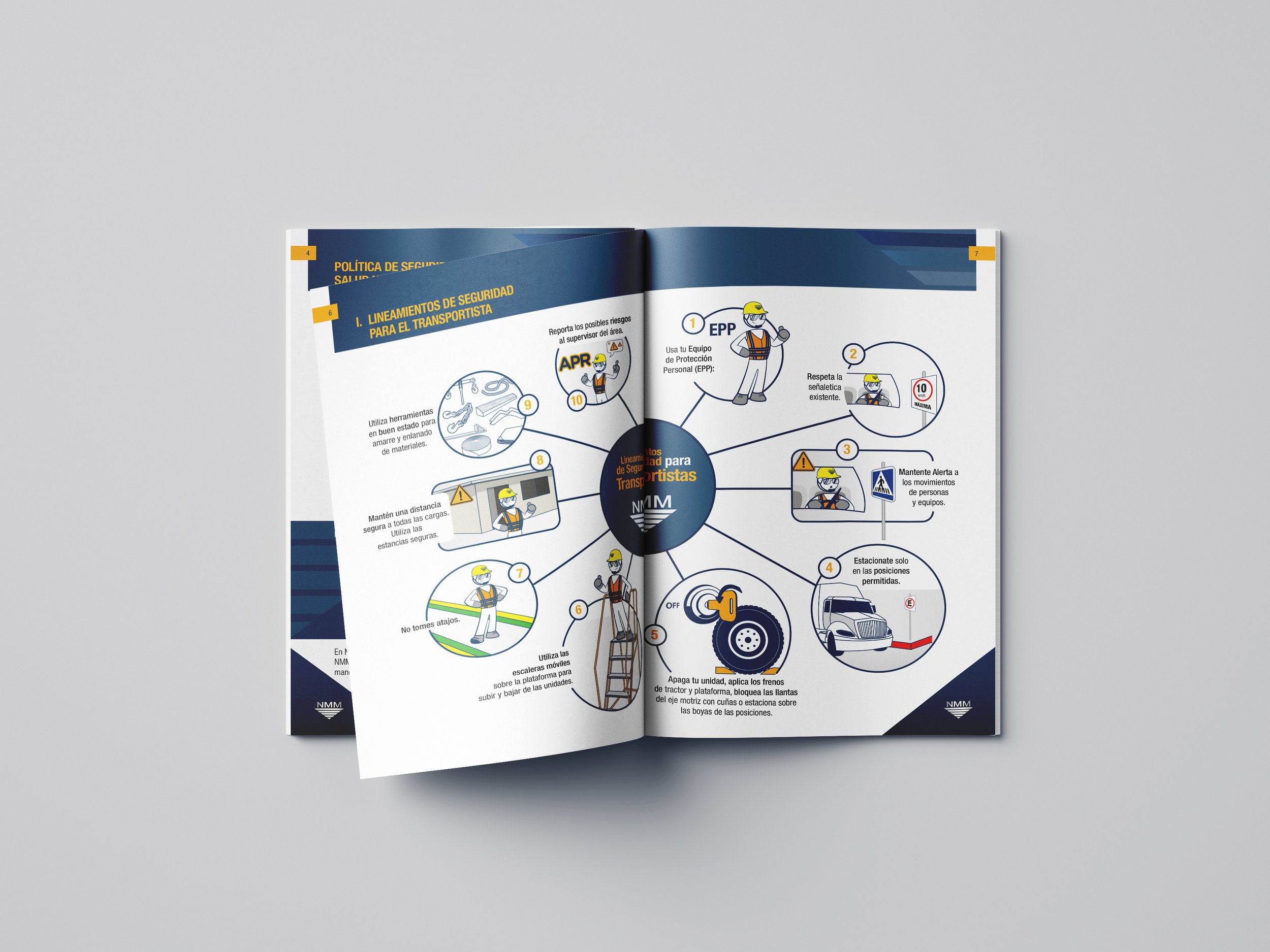 Open safety manual with guidelines for transport workers, illustrated with icons and diagrams, featuring safety equipment, traffic signs, and safety procedures.