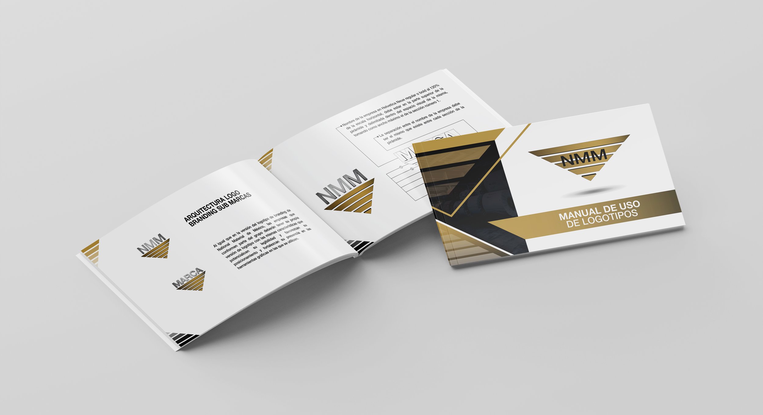 Open booklet displaying branding and logo guidelines for a company, with titles in Spanish and a logo design with black, white, and gold geometric elements.