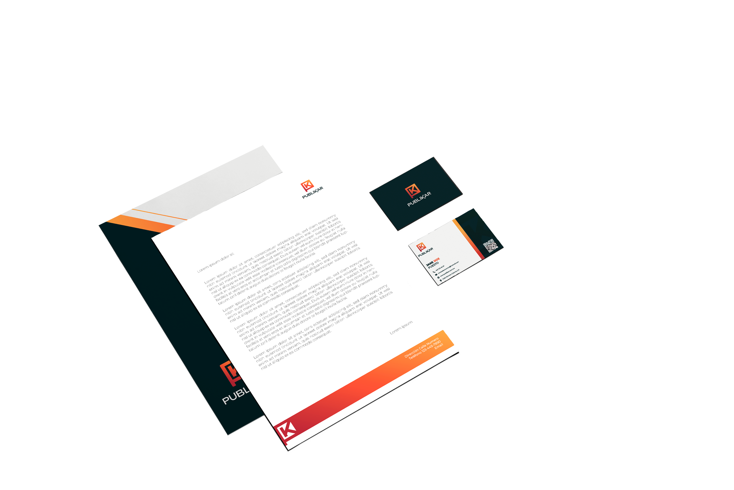 Business stationery set including letterhead, business cards, and a folder with the Publikar logo in red and black, placed on a dark surface.