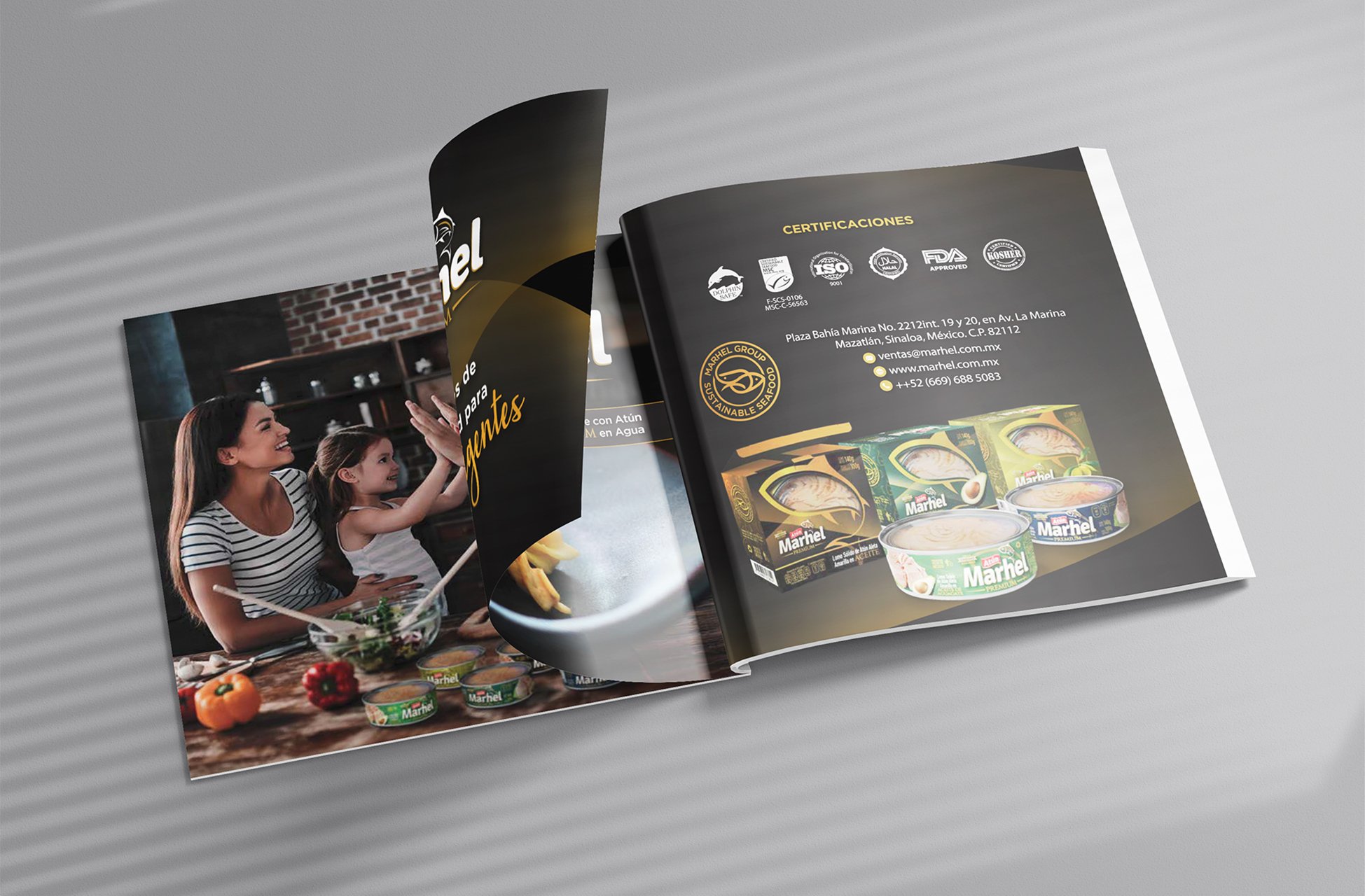 Open promotional brochure with product information and family enjoying a meal at a dining table.